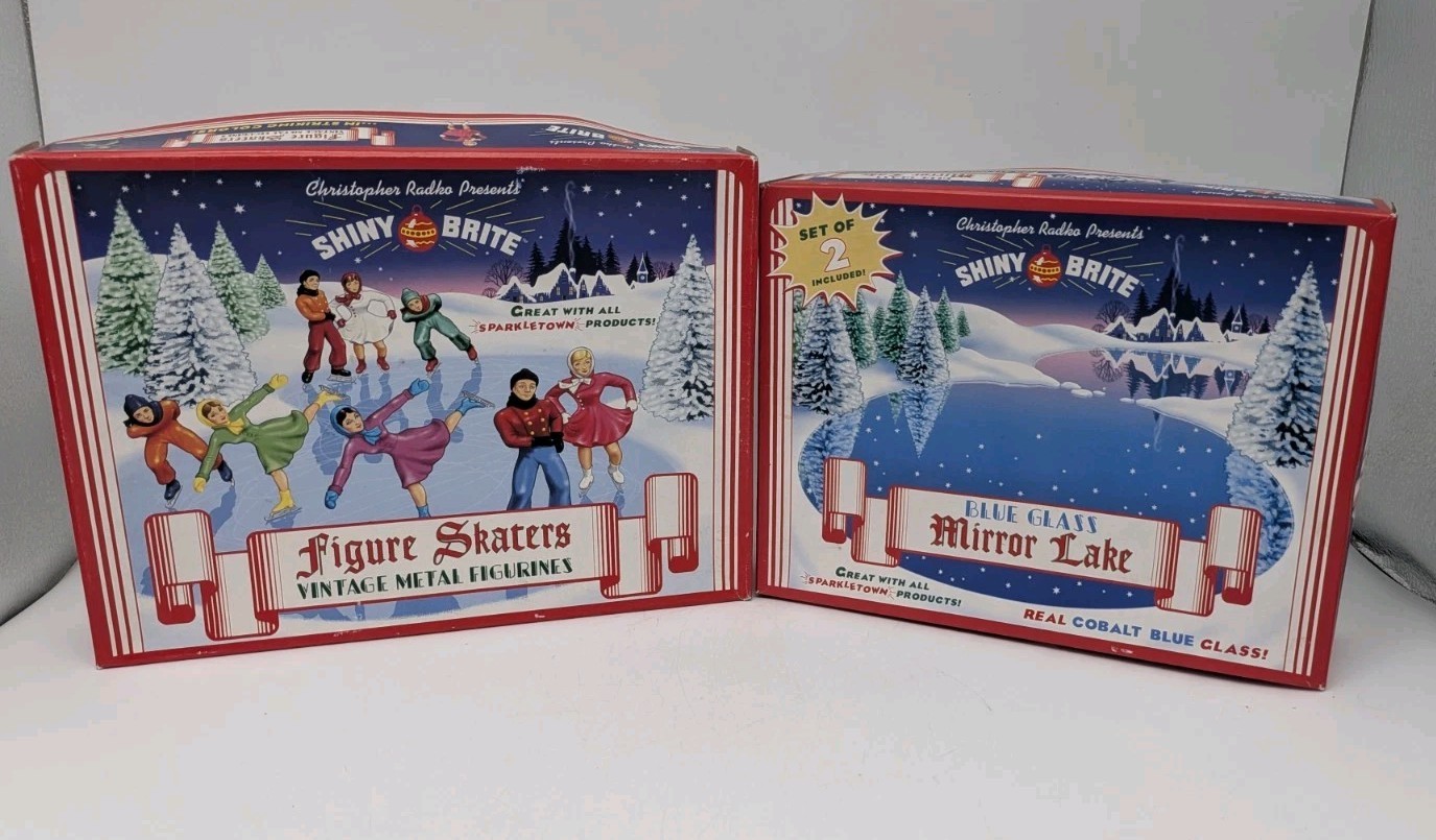 Vintage Shiny Brite Set Glass Lake Christopher Radko Metal Figure Skaters NIB