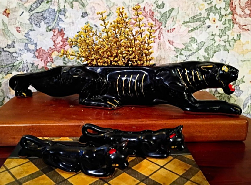 Vintage MCM 3pc Black Panther Planter 2 Mini Panther Figures Japan HOT REALNice 