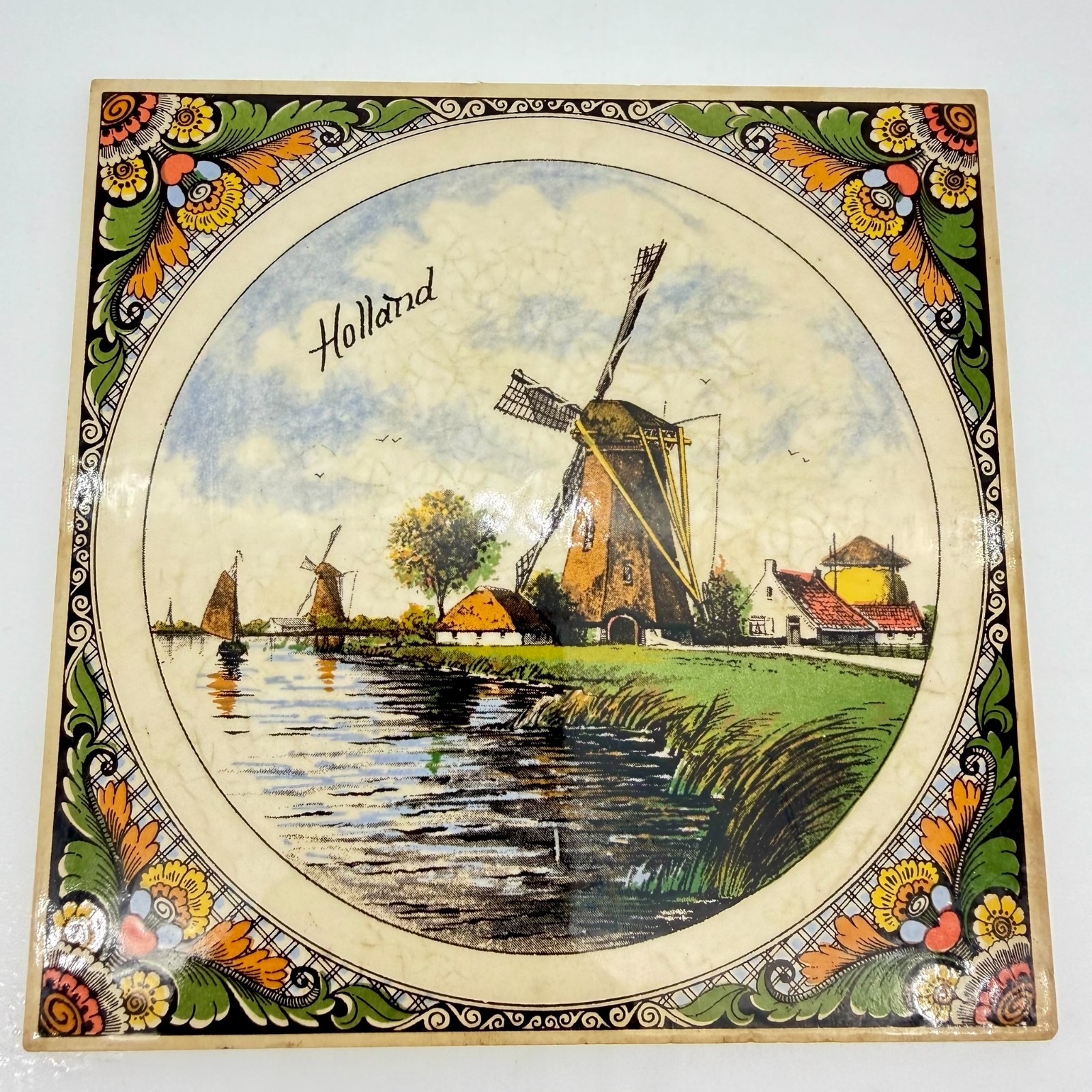 Vintage Holland Windmill Ceramic Tile Trivet Polychrome 6.25\ Vintage Holland Windmill Ceramic Tile Trivet Polychrome 6.25\