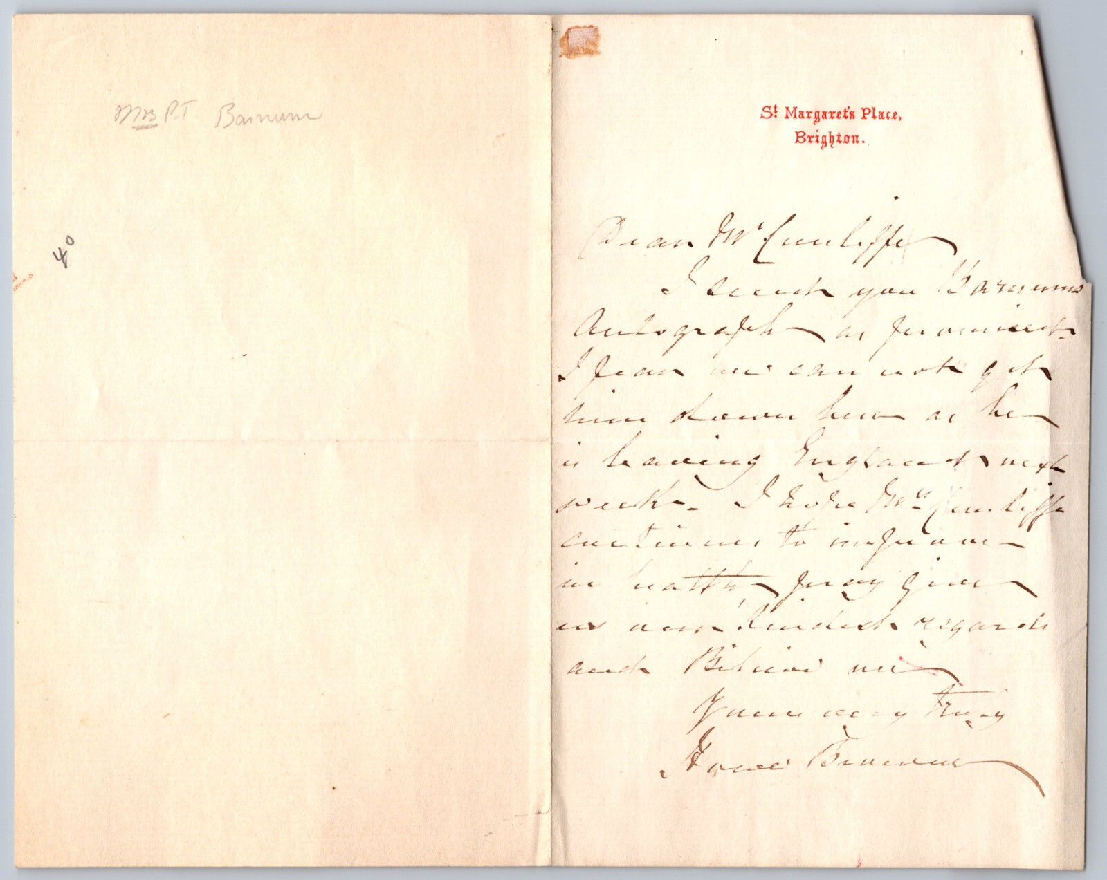 Grace Barnum Hand Signed Letter - P.T. Barnum\'s First Wife Grace Barnum Hand Signed Letter - P.T. Barnum\'s First Wife