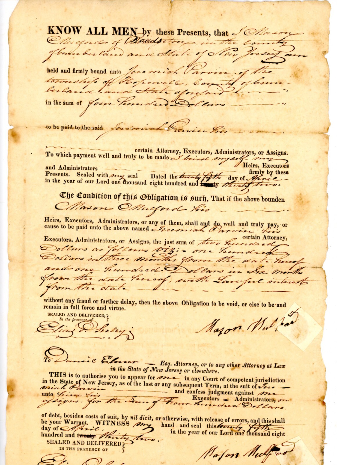 Antique 1832 Signed Doc Cumberland NJ Mason Mulford Ebenezer Seeley Elmer Parvin