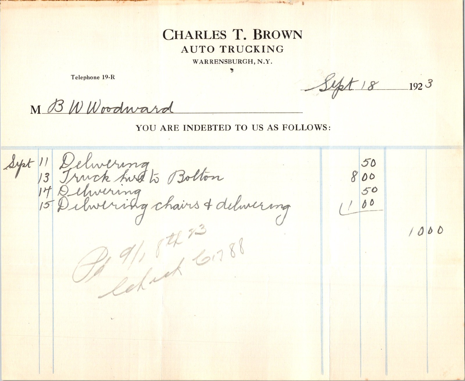 1923 Charles T. Brown Auto Trucking Warrensburgh NY Invoice Letterhead 1923 Charles T. Brown Auto Trucking Warrensburgh NY Invoice Letterhead