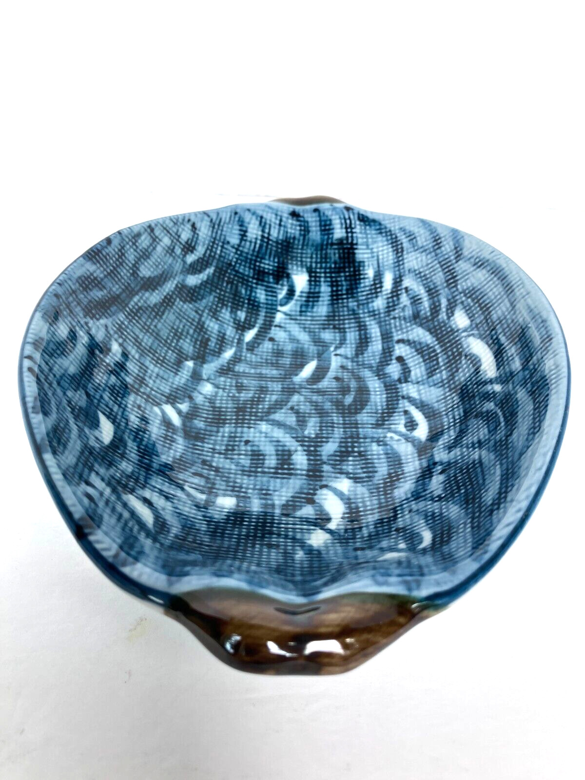 Japanese Porcelain Hand Painted Blue Wave Bowl Dish Texture Overlay 8 1/4\