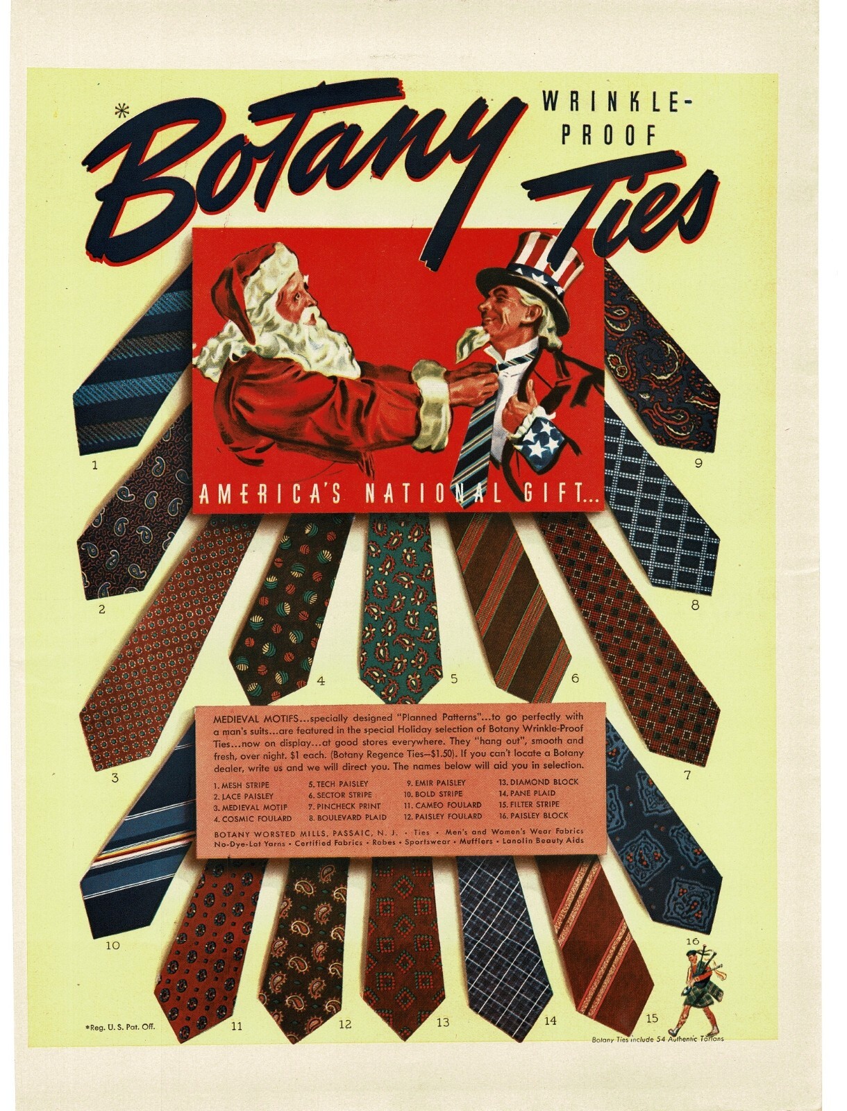 1941 Botany Neckties Santa Claus Uncle Sam Christmas Vintage Print Ad