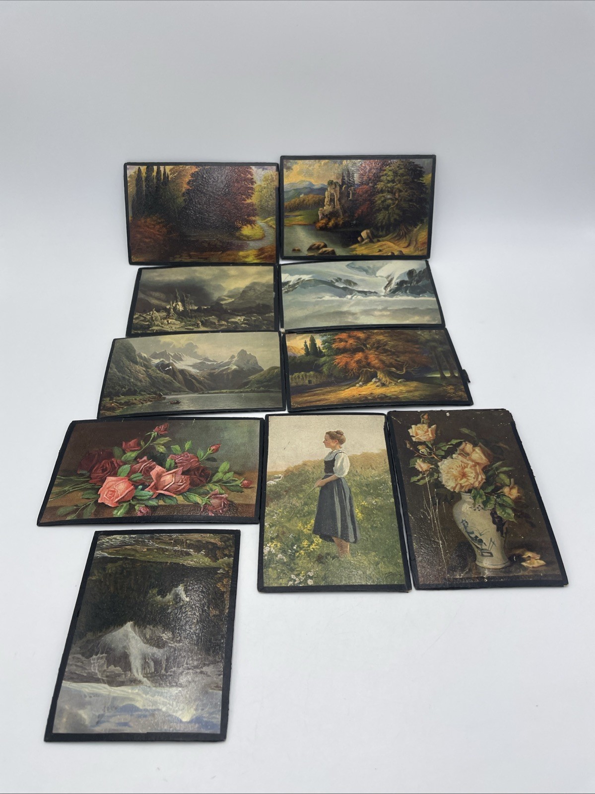 Lot 10 Souvenir Cards Made In Germany 1930-40s Scenic Still Life Girl Woman