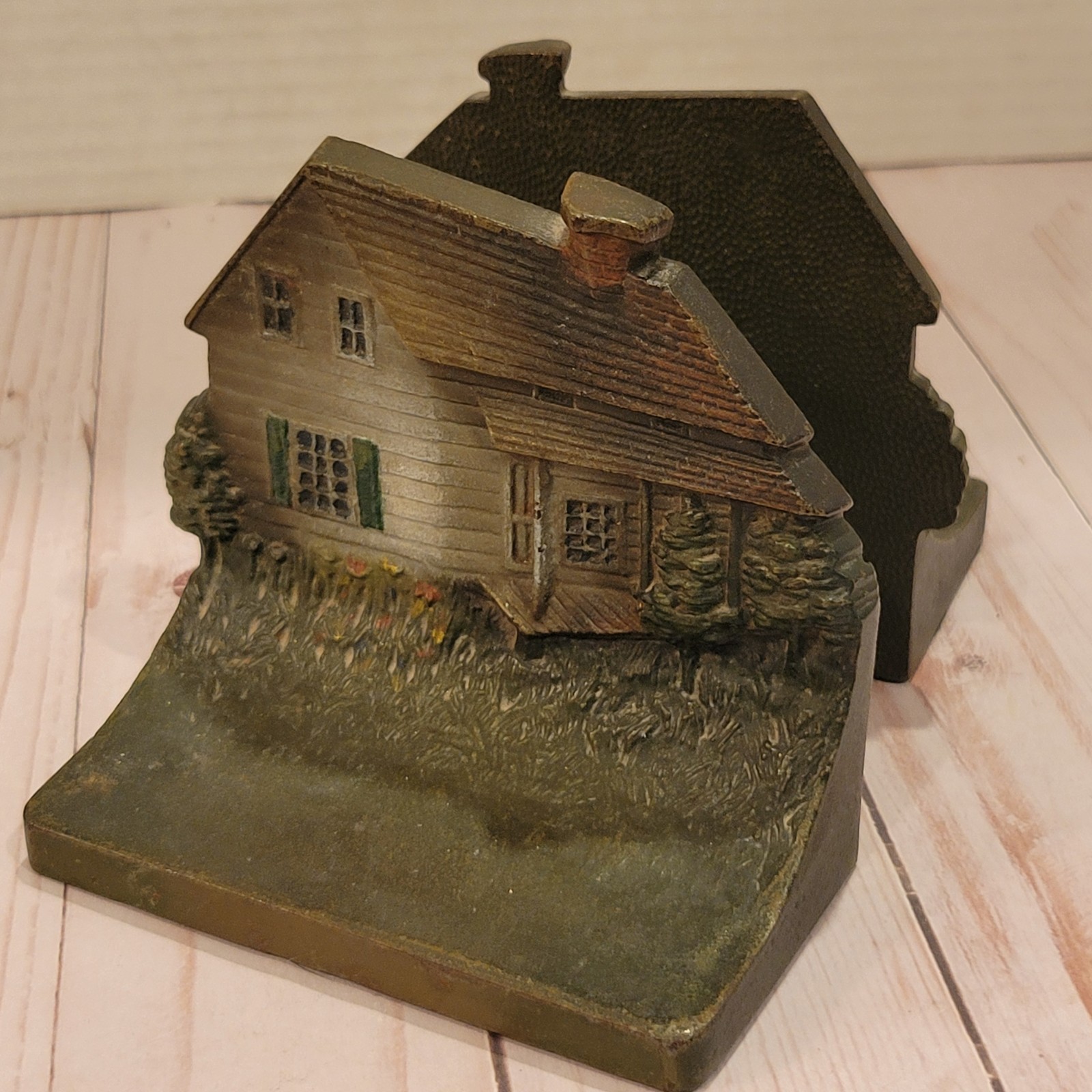 Bradley & Hubbard Cast Iron Book Ends Edgar Allen Poe Home Cottage House Vintage