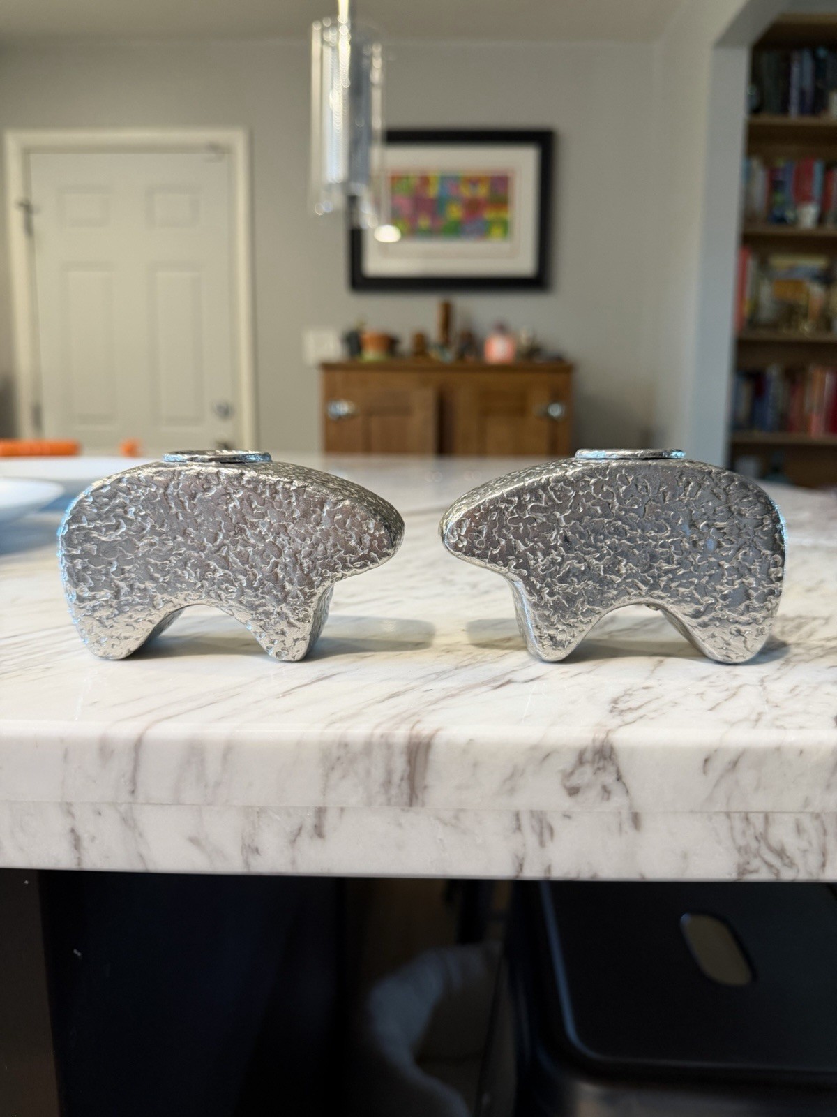 Vtg Brutalist Candle Holders Metallic Glaze Biomorphic Sculptural Pair 4 x 2.5”