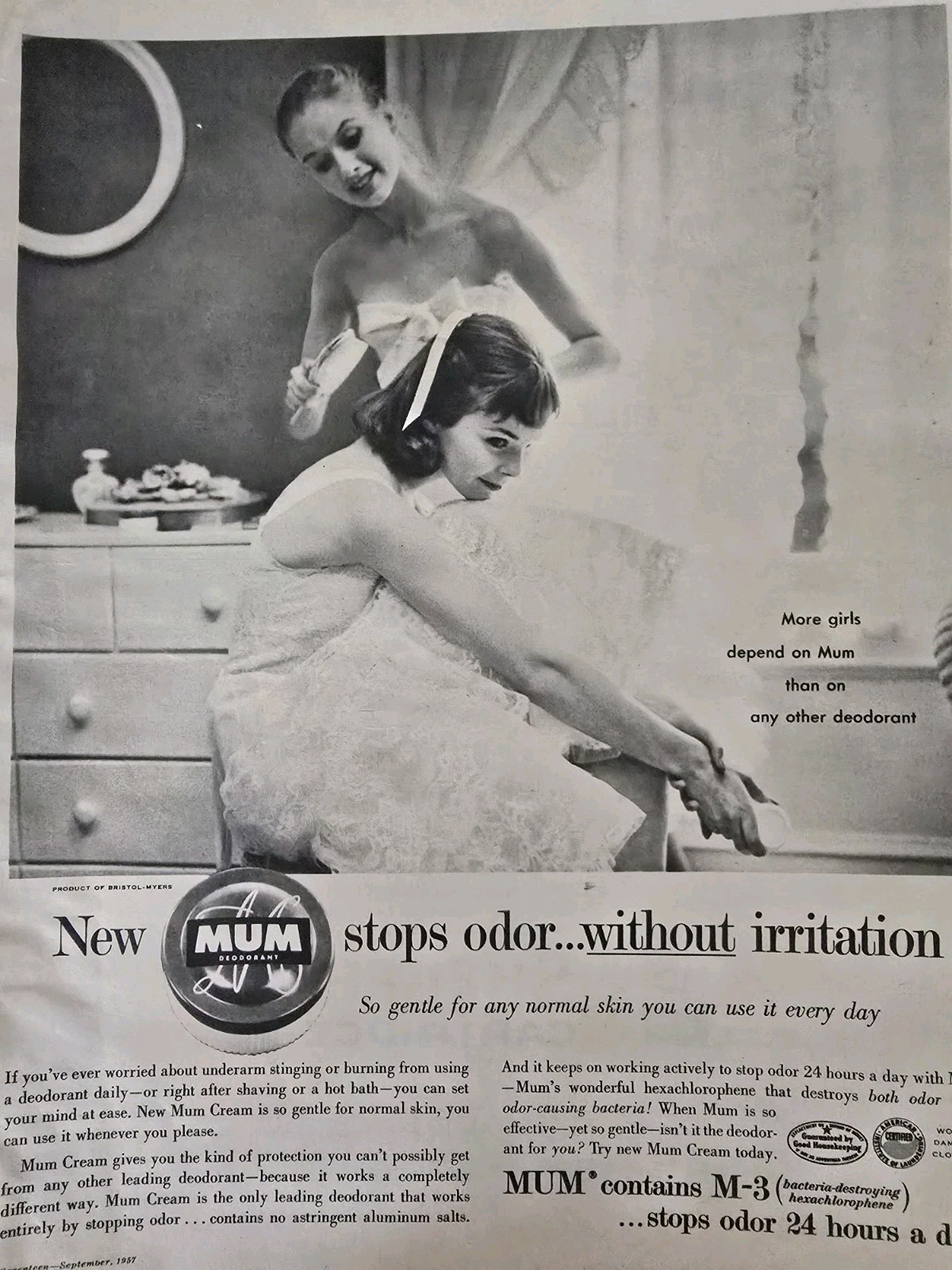 1957 Girls Depend on Mum Deodorant Lace Slips primping in bedroom vintage Ad 