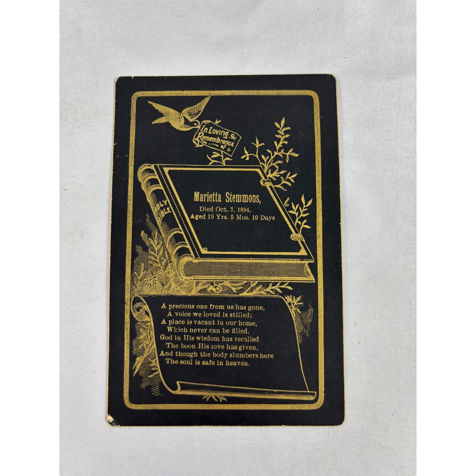 Antique 1894 Victorian Funeral Memorial Card Marietta Stemmons Gold Ephemera Antique 1894 Victorian Funeral Memorial Card Marietta Stemmons Gold Ephemera