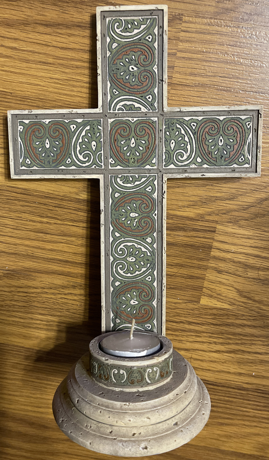 10 in. Sage cross tealight candleholder By Faith