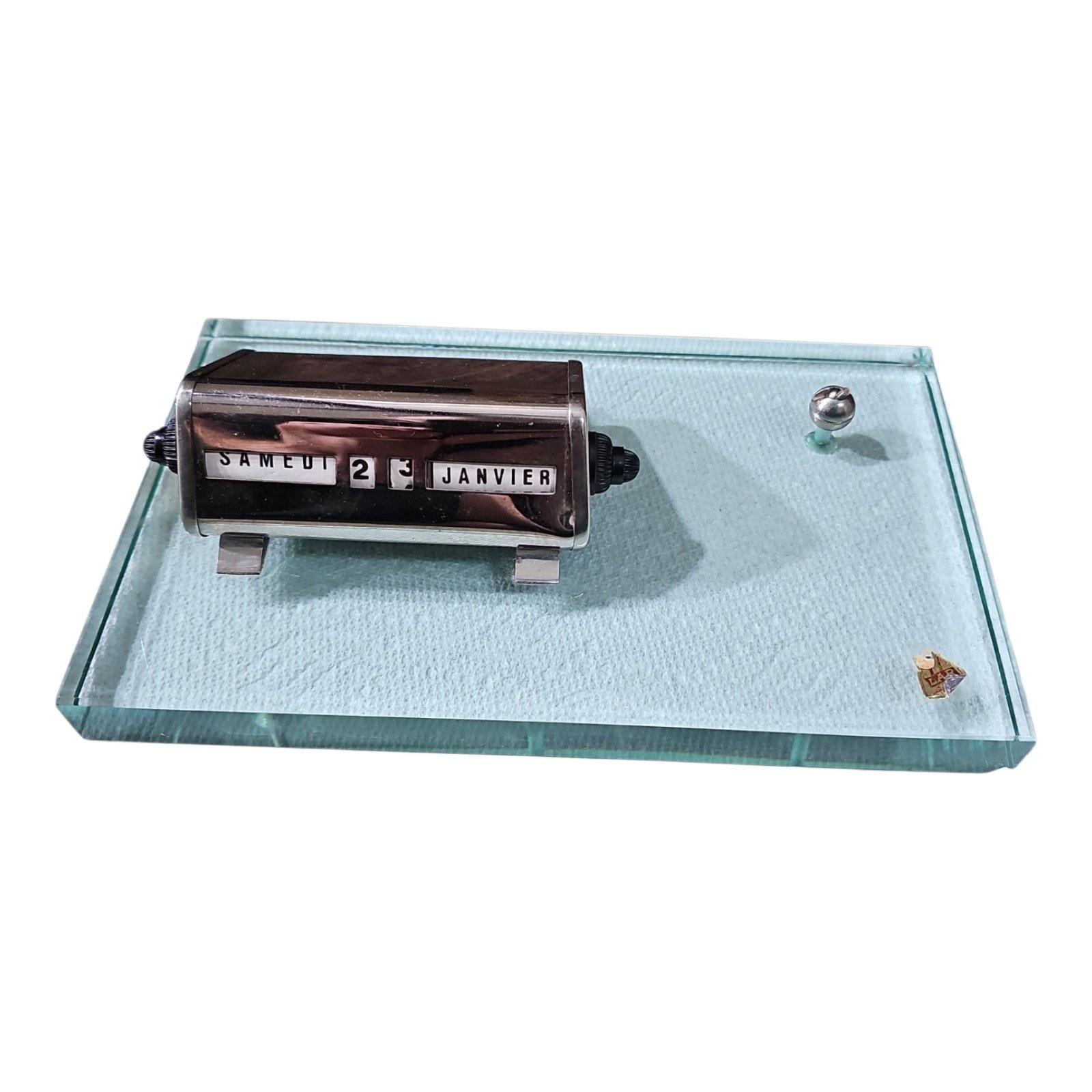 Vintage French Art Deco Chrome Perpetual Desk Calendar Heavy Green Glass Base