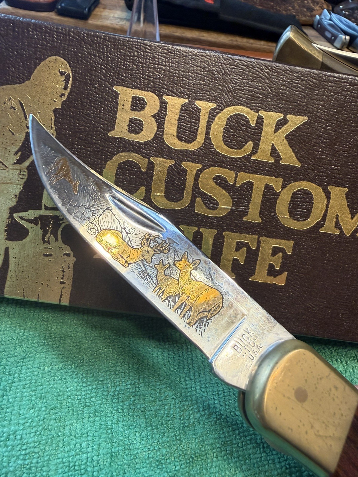 1981-1986 Buck 110 Hunter Custom Gold Etched Knife Box Serial Number Display USA