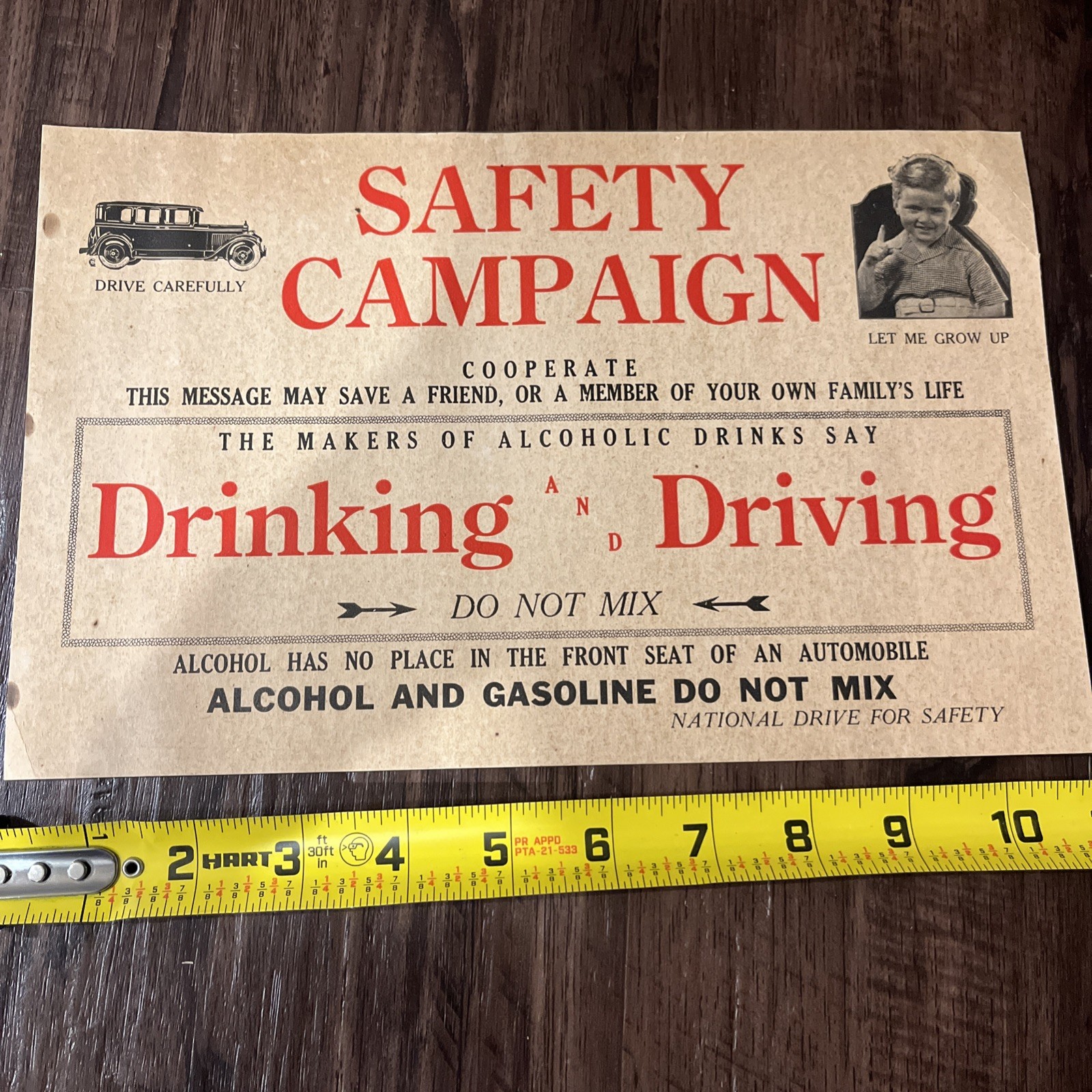 Vintage Safety Campaign Drinking & Driving DUI National Drive For Safety 11”x7”