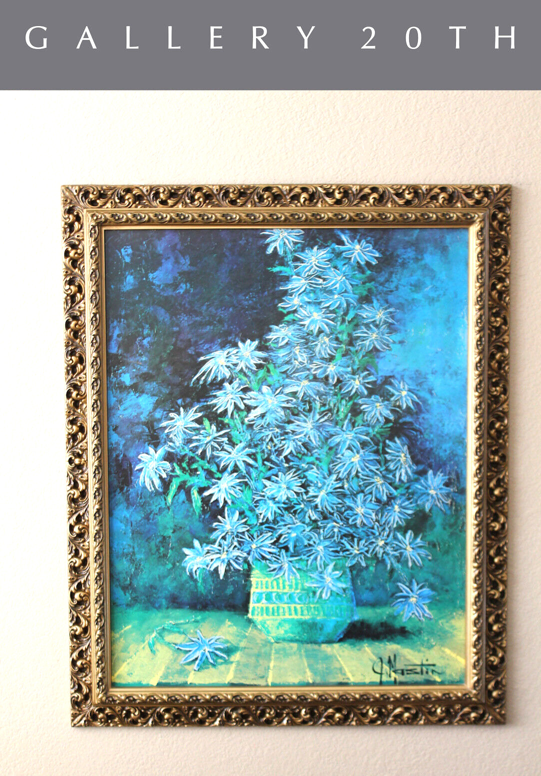 GORGEOUS MID CENTURY MASTIN BLUE FLOWER LITHOGRAPH ART 50S PAINTING VTG BOHO