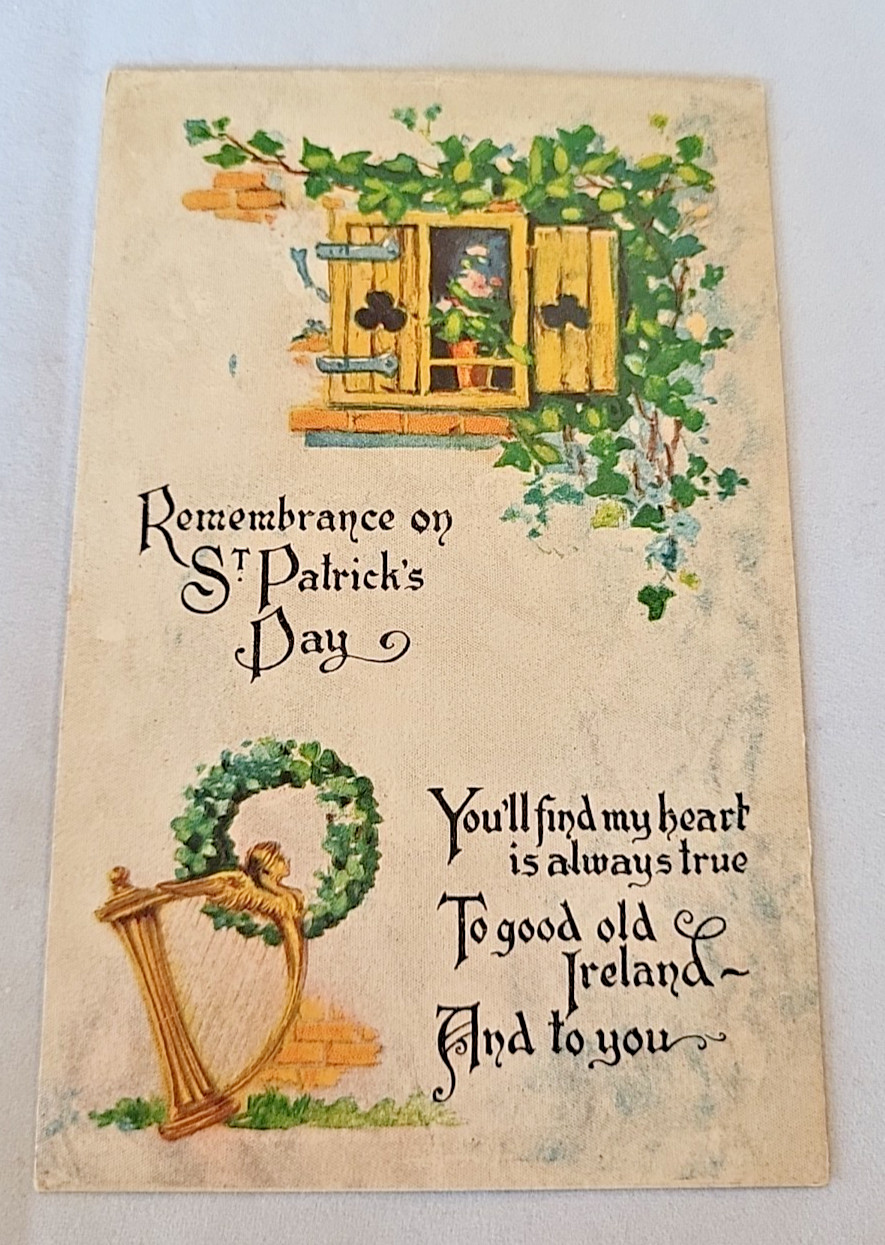 Antique St Patrick\'s Day Postcard Harp Remembrance Ireland Divided Back Antique St Patrick\'s Day Postcard Harp Remembrance Ireland Divided Back
