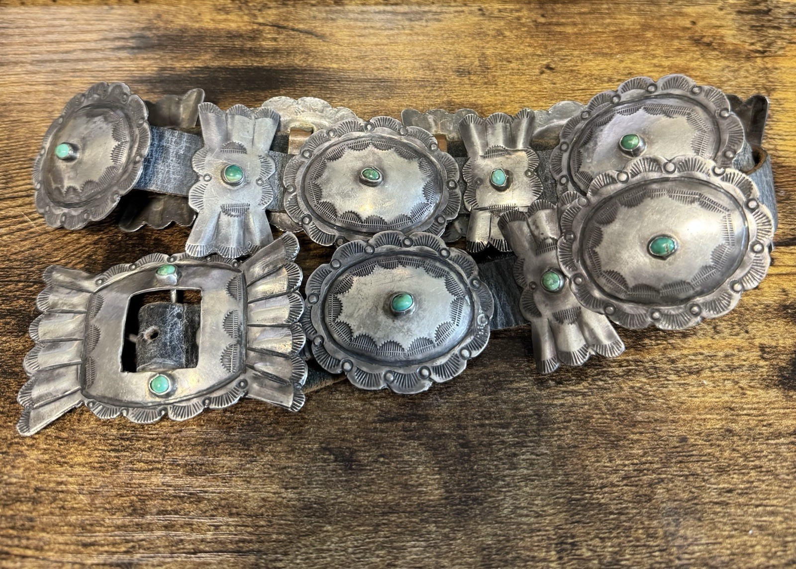 Antique Navajo 3rd Phase Turquoise Sterling Silver Concho Belt - 14 Piece Antique Navajo 3rd Phase Turquoise Sterling Silver Concho Belt - 14 Piece