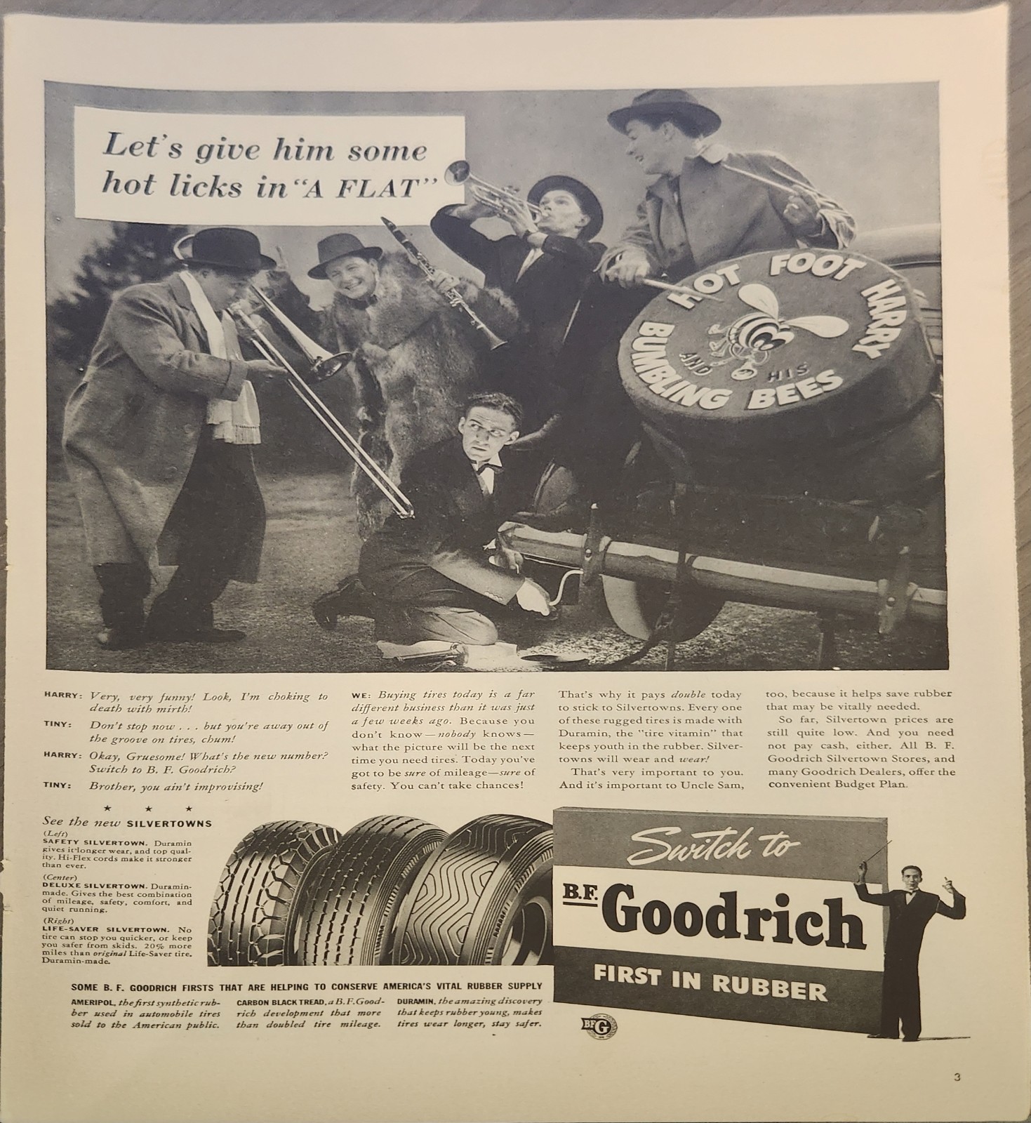 1941 B F Goodrich first in rubber Vintage Ad 14 x 10 hot licks in a flat tire