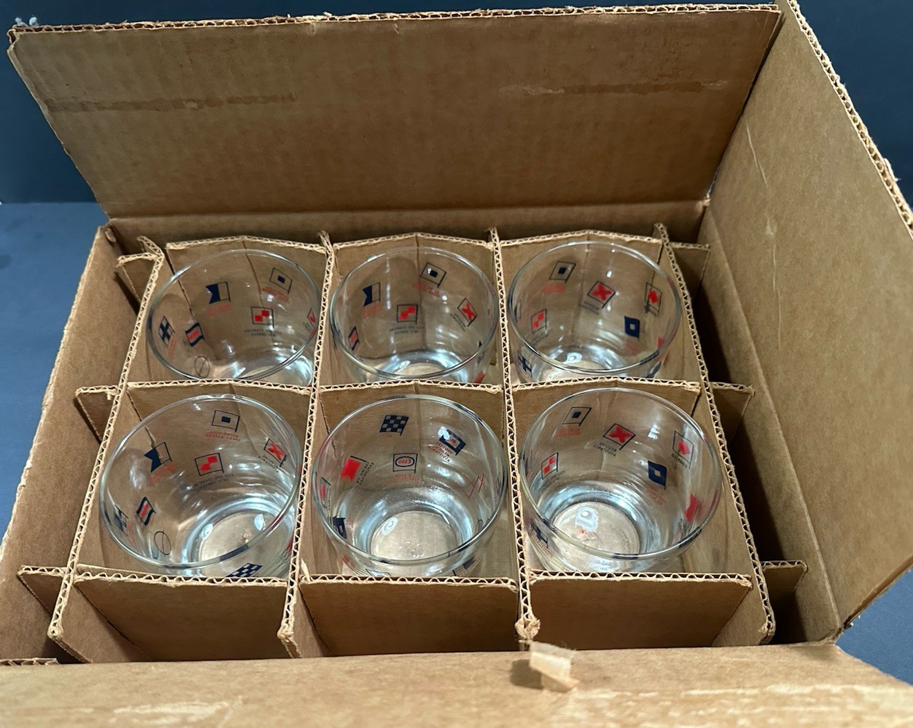 Vintage Esso Maritime Racing Flags Barware Set 6 Lowball Glasses New Libby Box