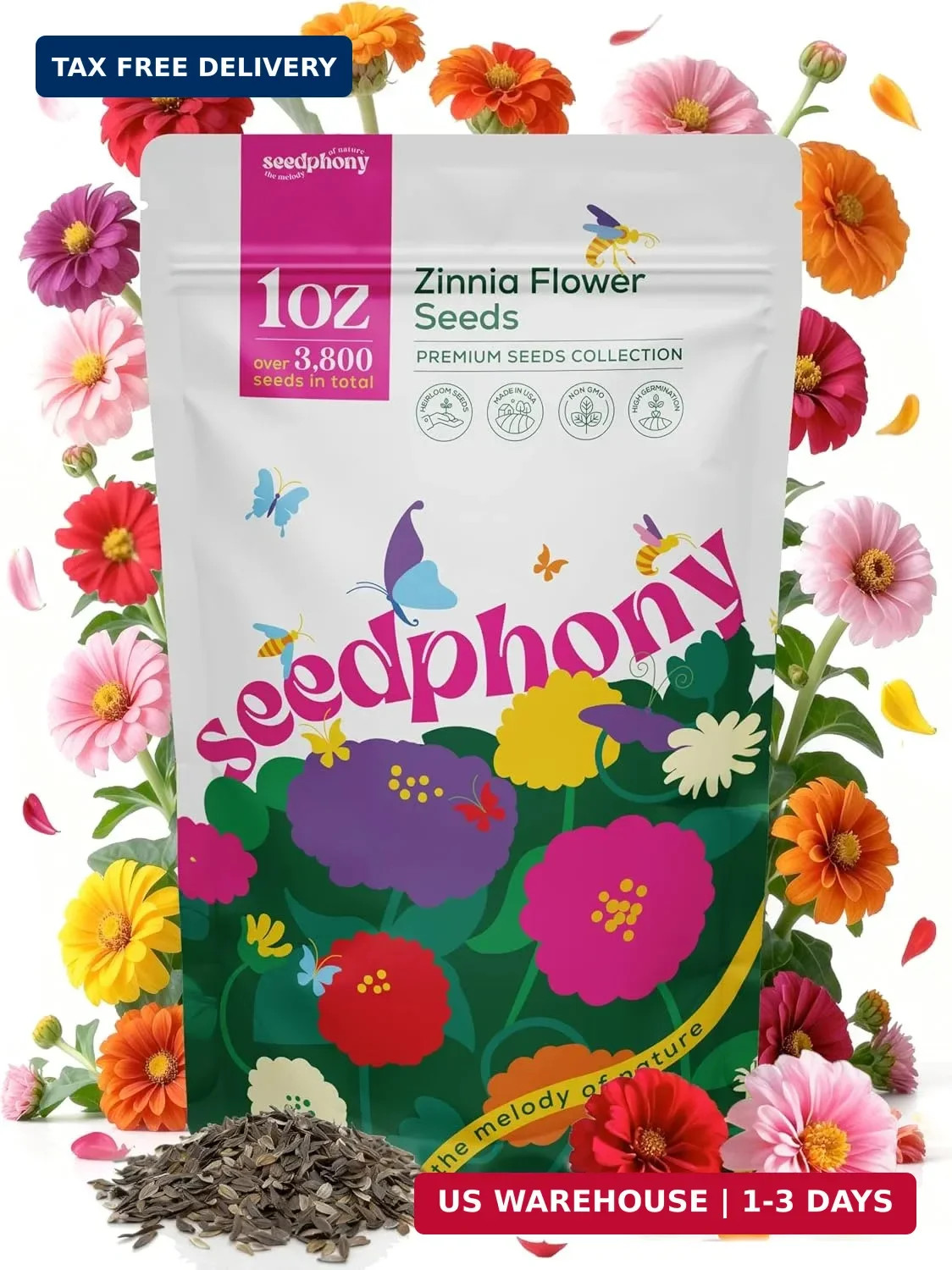 Seedphony Zinnia Seeds Pack 1 oz - 3,800 Non-GMO Heirloom Zinnia Seeds for Plant Seedphony Zinnia Seeds Pack 1 oz - 3,800 Non-GMO Heirloom Zinnia Seeds for Plant