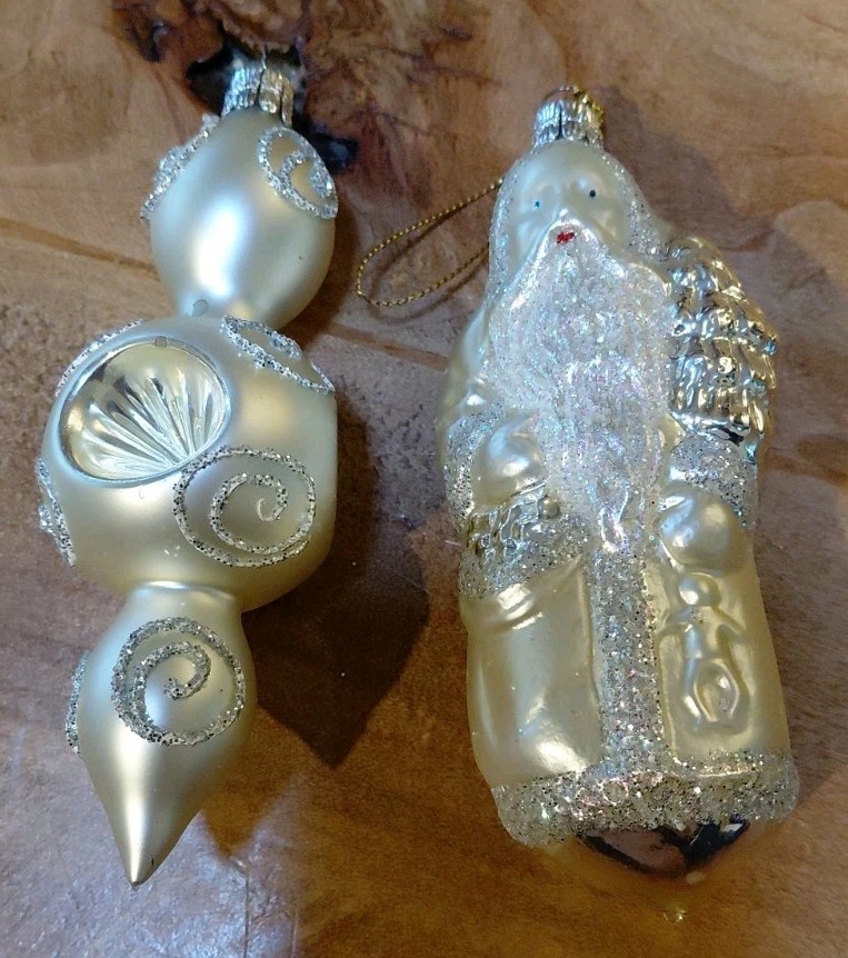 2 Vtg Mercury Glass Christmas Ornaments Czech Tear Drop Triple Indent And Santa 