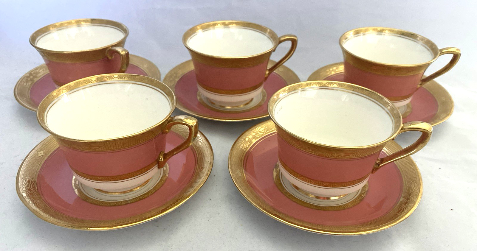 Antique Royal Worcester Pink, Gold & White Demitasse Cups And Saucers Set Of 5