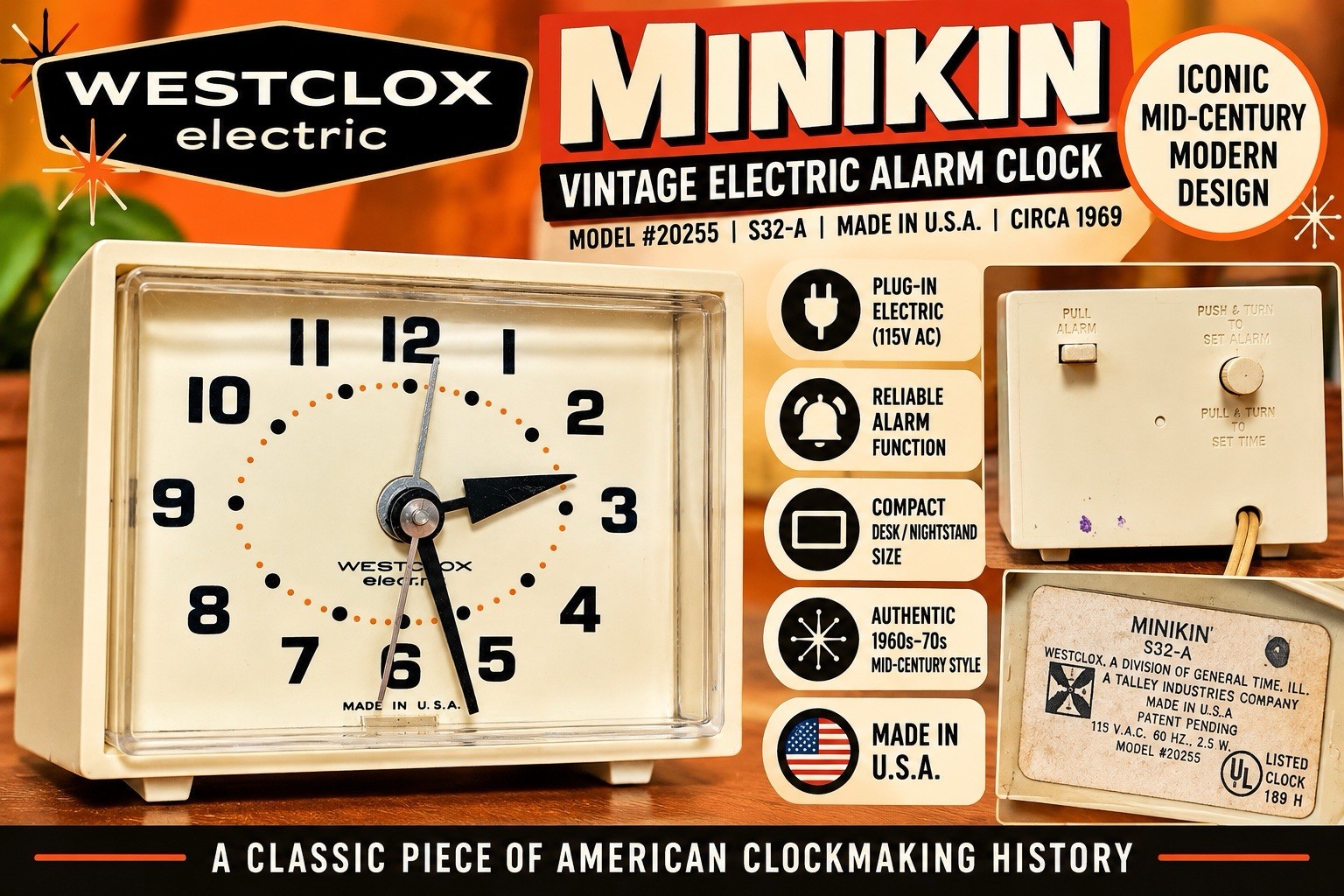 VTG Westclox Minikin S32-A Electric Alarm Clock Model 20255 White MCM USA Works