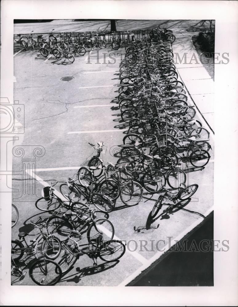 1962 Press Photo Bicycles in racks at Cleveland Heights school yard - nec99661 1962 Press Photo Bicycles in racks at Cleveland Heights school yard - nec99661