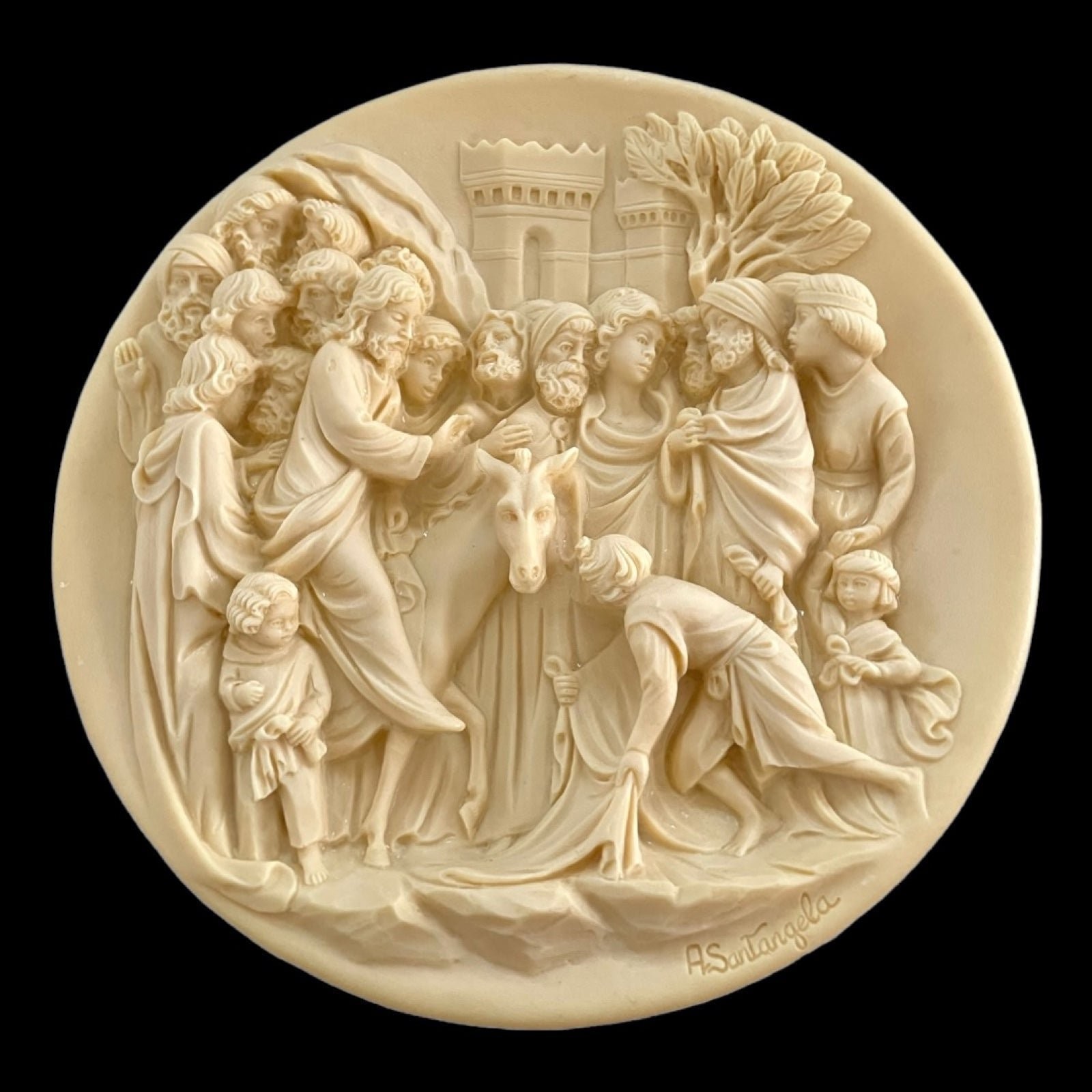 Vintage 1987 Studio Dante Volteradici Christ Entry Jerusalem Alabaster Plate 8.5 Vintage 1987 Studio Dante Volteradici Christ Entry Jerusalem Alabaster Plate 8.5