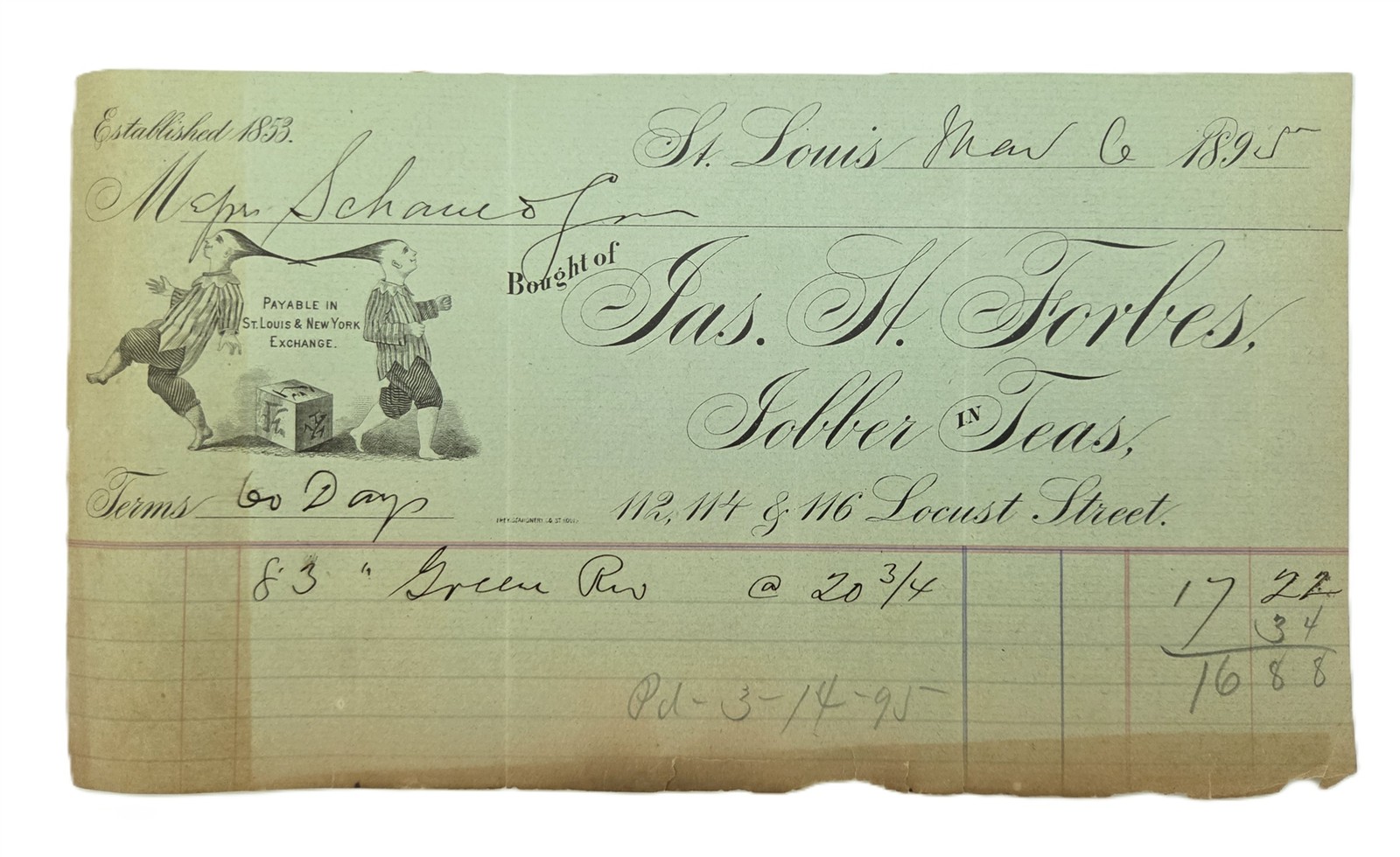 1895 antique JAS H FORBES st. louis mo TEA JOBBER INVOICEadvertising