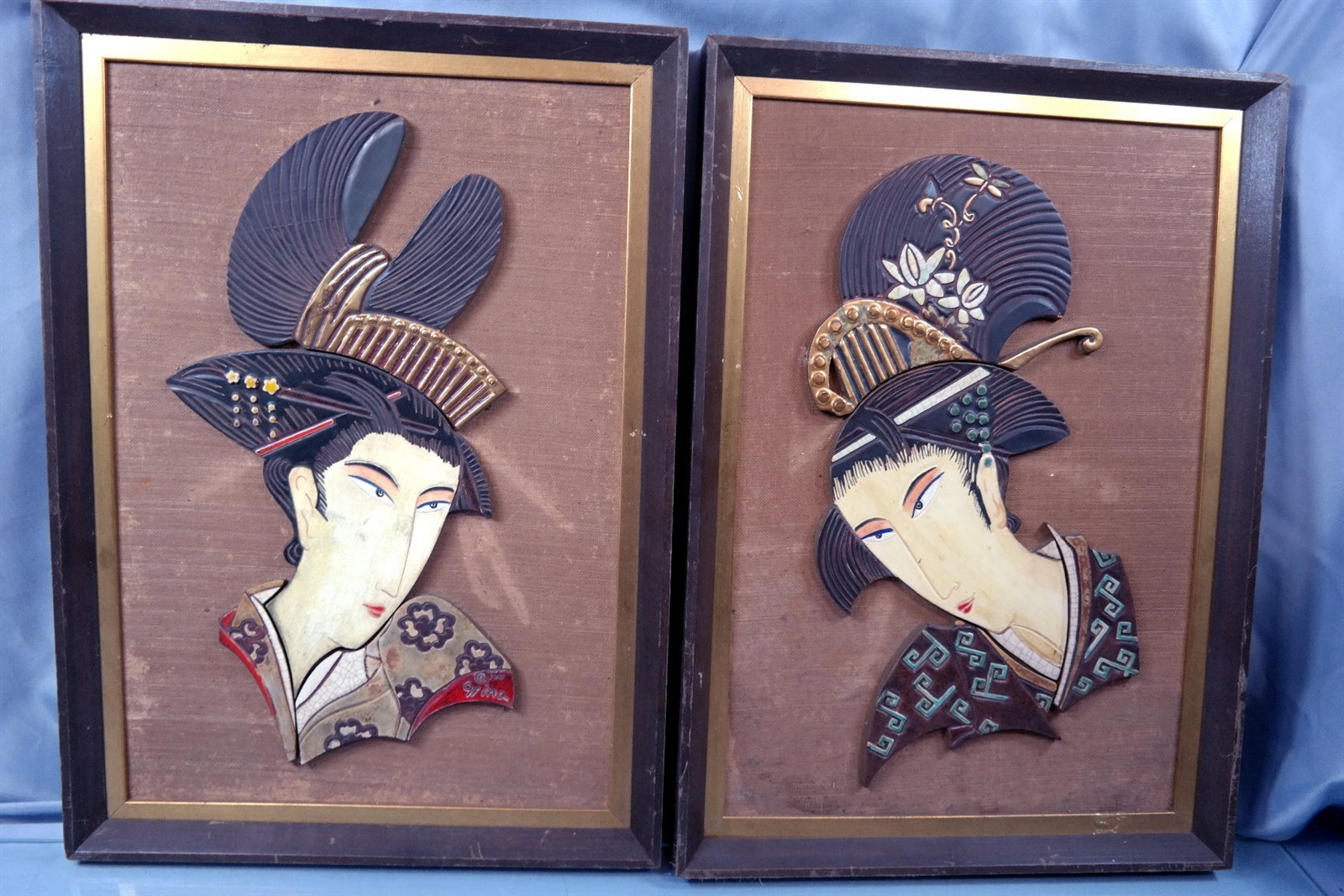 Pair Vtg Japanese Geisha Figures Wood & Ceramic Sculpture 21x15 Framed MCM Irina