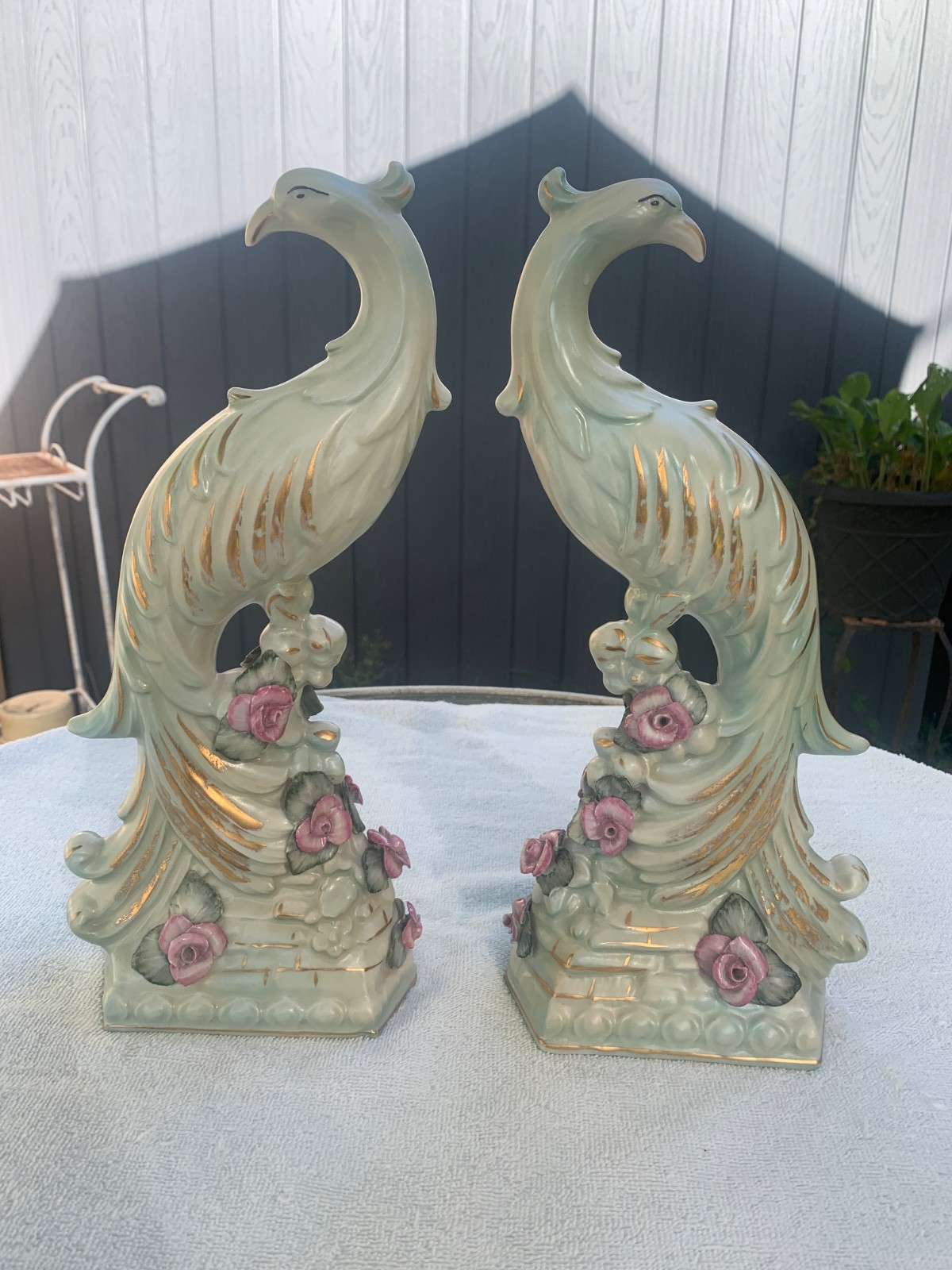 Vintage Mid Century Peacock Figurines Pair Cream Gold Hollywood Regency Decor