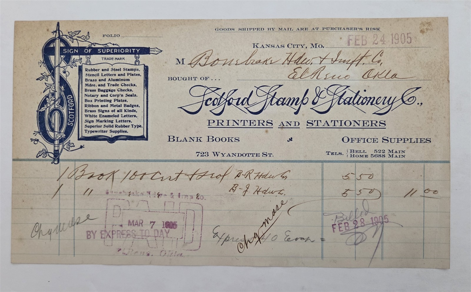 1905 antique SCOTFORD STAMP & STATIONERY CO kansas city mo BILLHEAD el reno ok