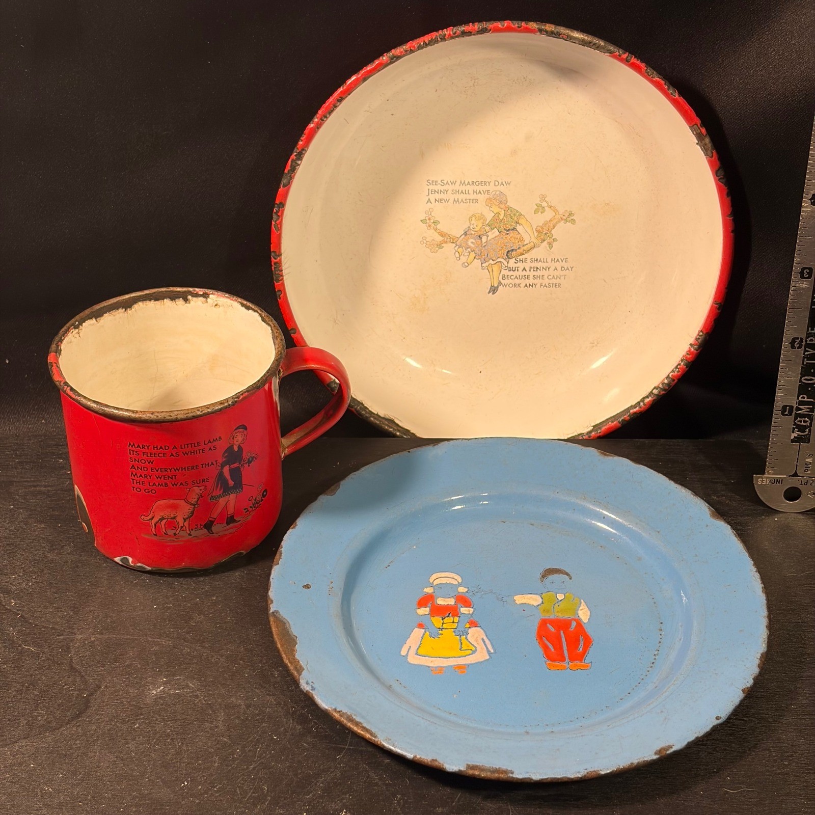 Vintage Enamelware Set Sweden Mary Had A Little Lamb Margery Daw Mug Bowl Plate