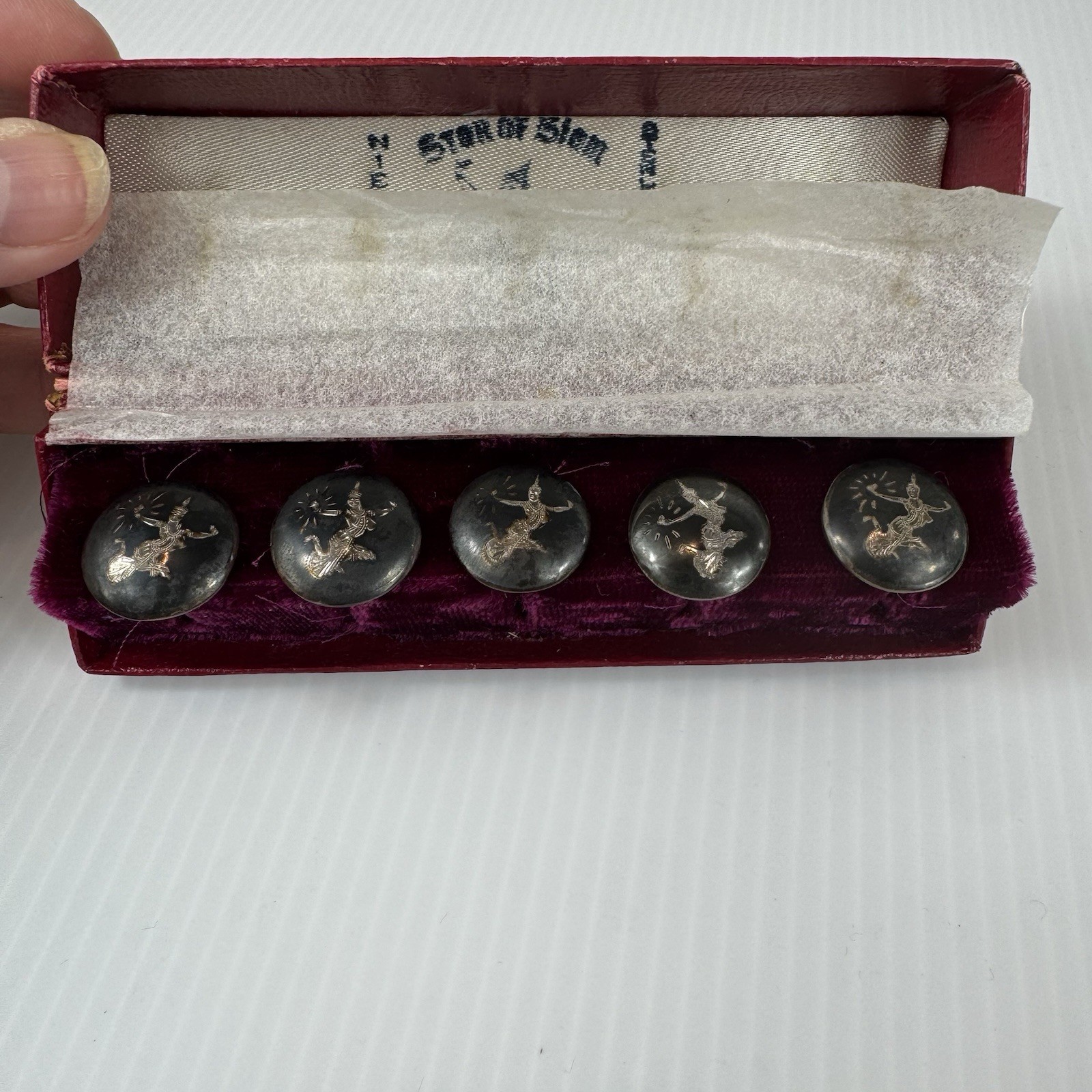 Vtg Amfarco Siam Sterling Silver Black Nielloware Round Goddess Buttons Set Of 5 Vtg Amfarco Siam Sterling Silver Black Nielloware Round Goddess Buttons Set Of 5