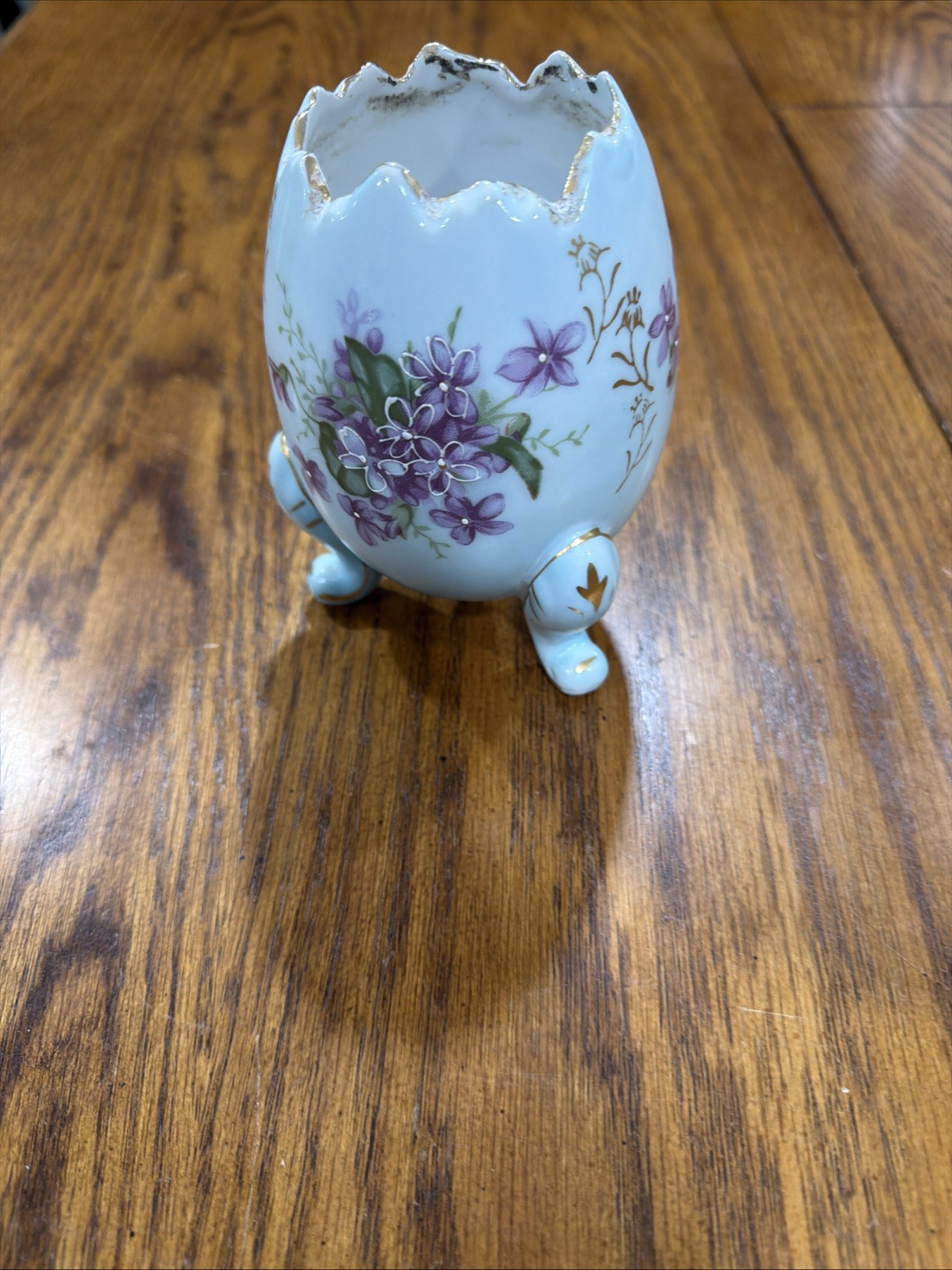 Vintage Light Blue 3 Footed Egg Vase Planter W/ Hand Painted Purple Flowers