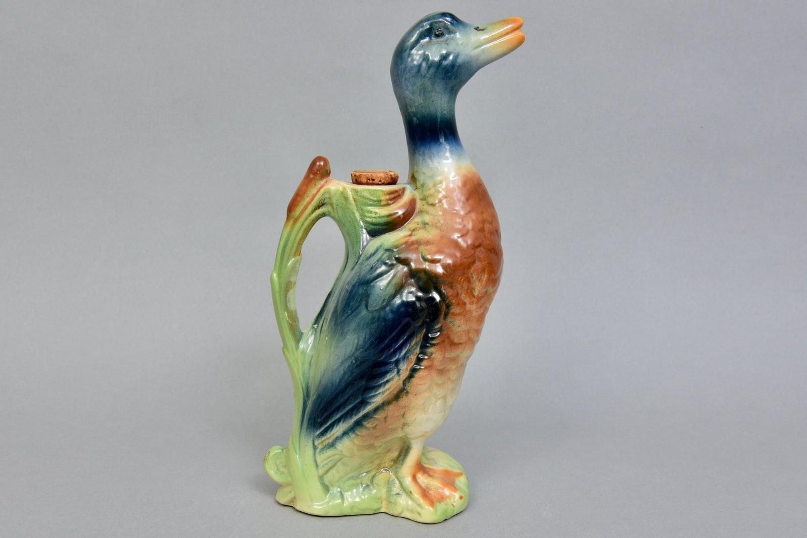 Antique French Majolica Mallard Duck Tall Pitcher Saint Clement Early 1900s Art
