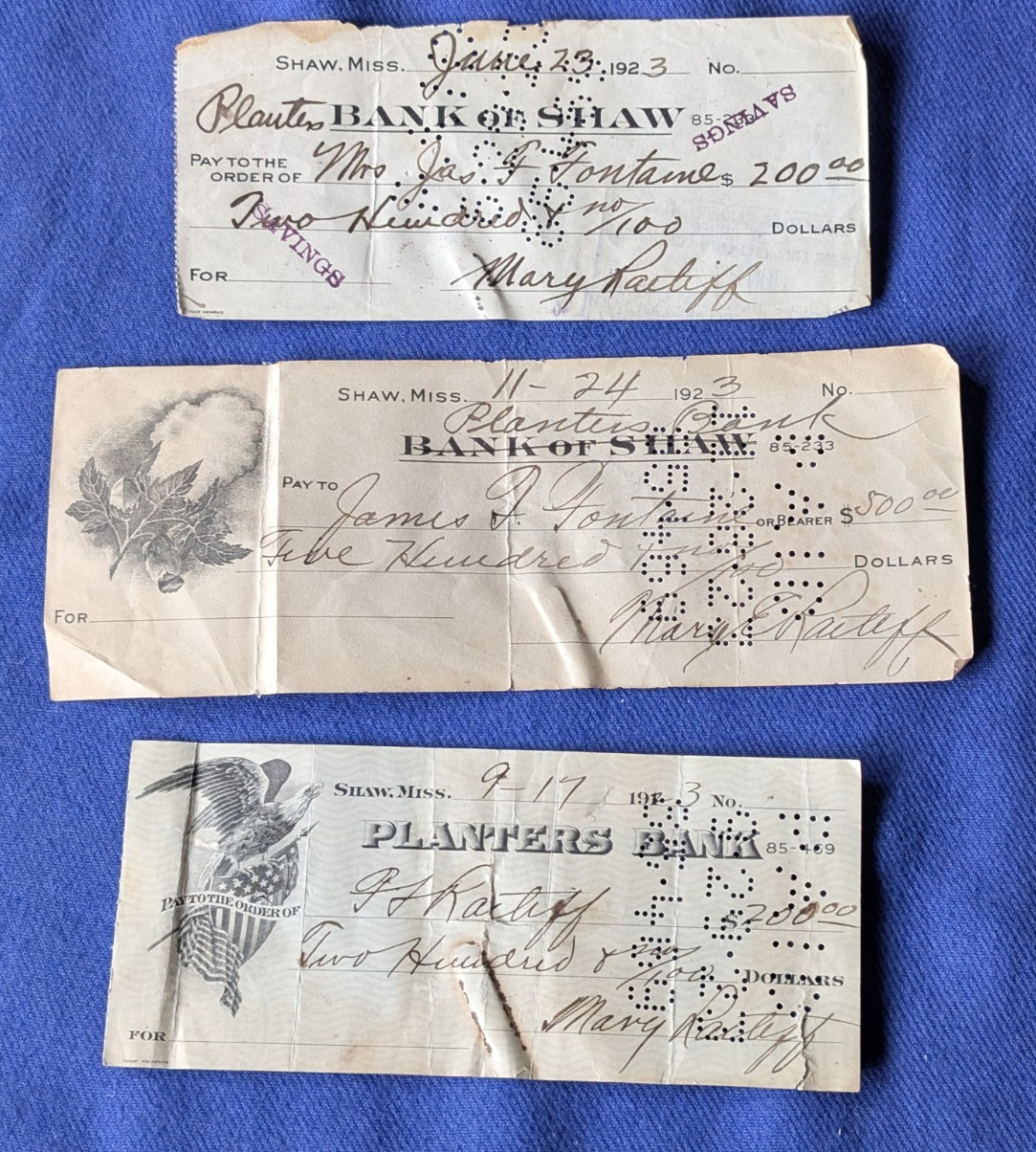 VTG 1923 SHAW MISSISSIPPI PLANTERS BANK OF SHAW CANCELLED CHECK LOT 3 COTTON BOL VTG 1923 SHAW MISSISSIPPI PLANTERS BANK OF SHAW CANCELLED CHECK LOT 3 COTTON BOL