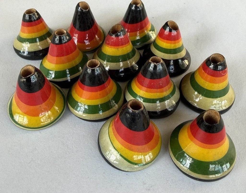 Vintage Hand-Painted Art Deco Toggle Wood Buttons Black Green Yellow White 12 Pc
