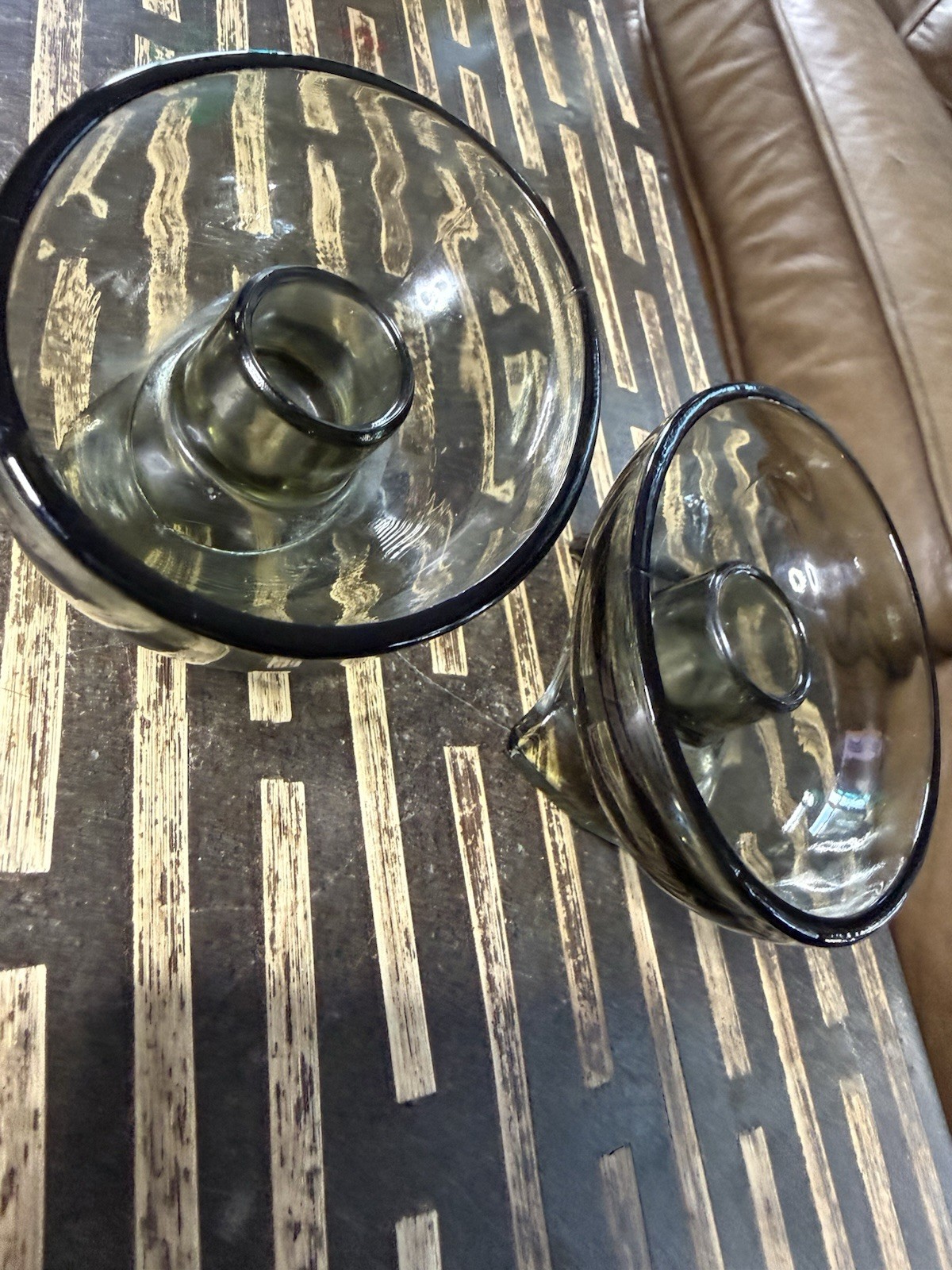 Vintage Smoke Gray Glass Candle Holders Pair MCM Footed Taper Holders 4.5”