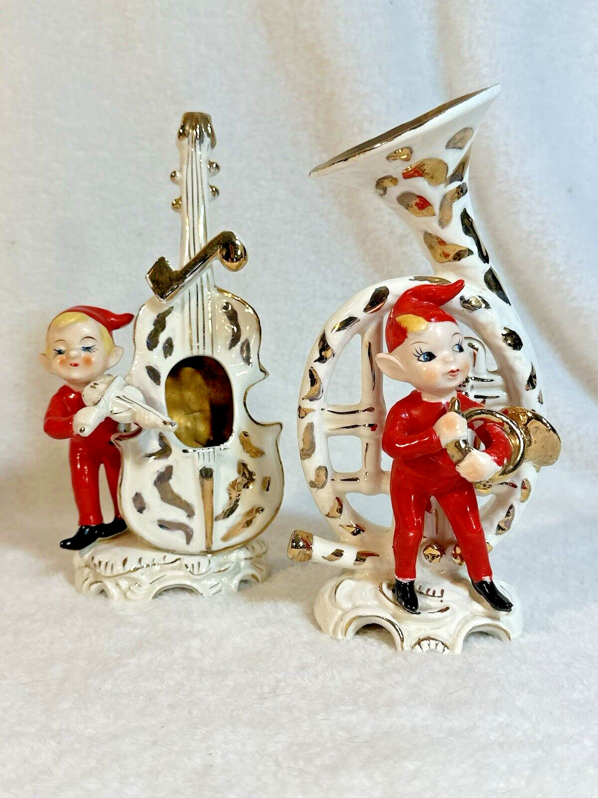 PAIR Vintage Lipper & Mann Red Pixie Musical Elves Playing Bass Tuba JAPAN 1956