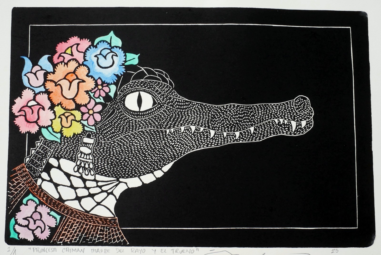 Crocodile with Flower Headdress Woodcut Print Handmade Un-Framed Mexico Folk Art