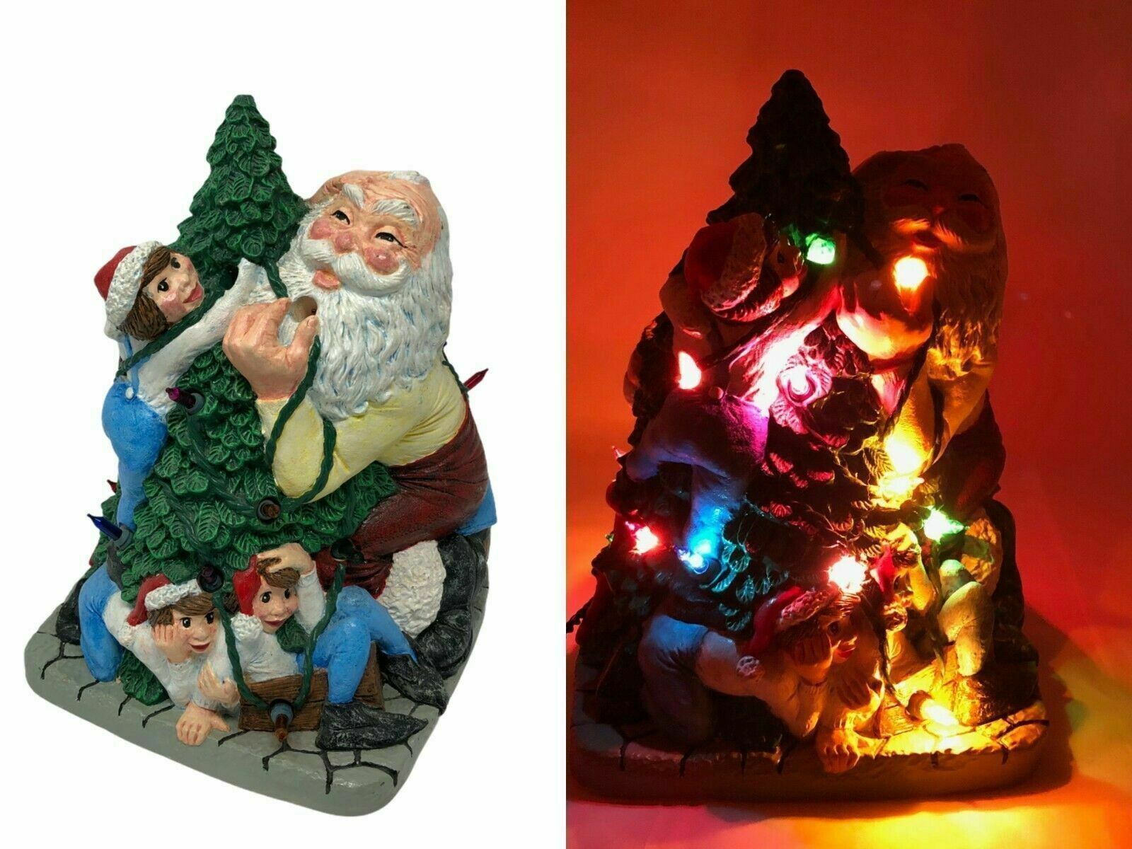 Santa w Elves Lighted Christmas Tree Vtg Accents Unlimited 1980s Hand Painted