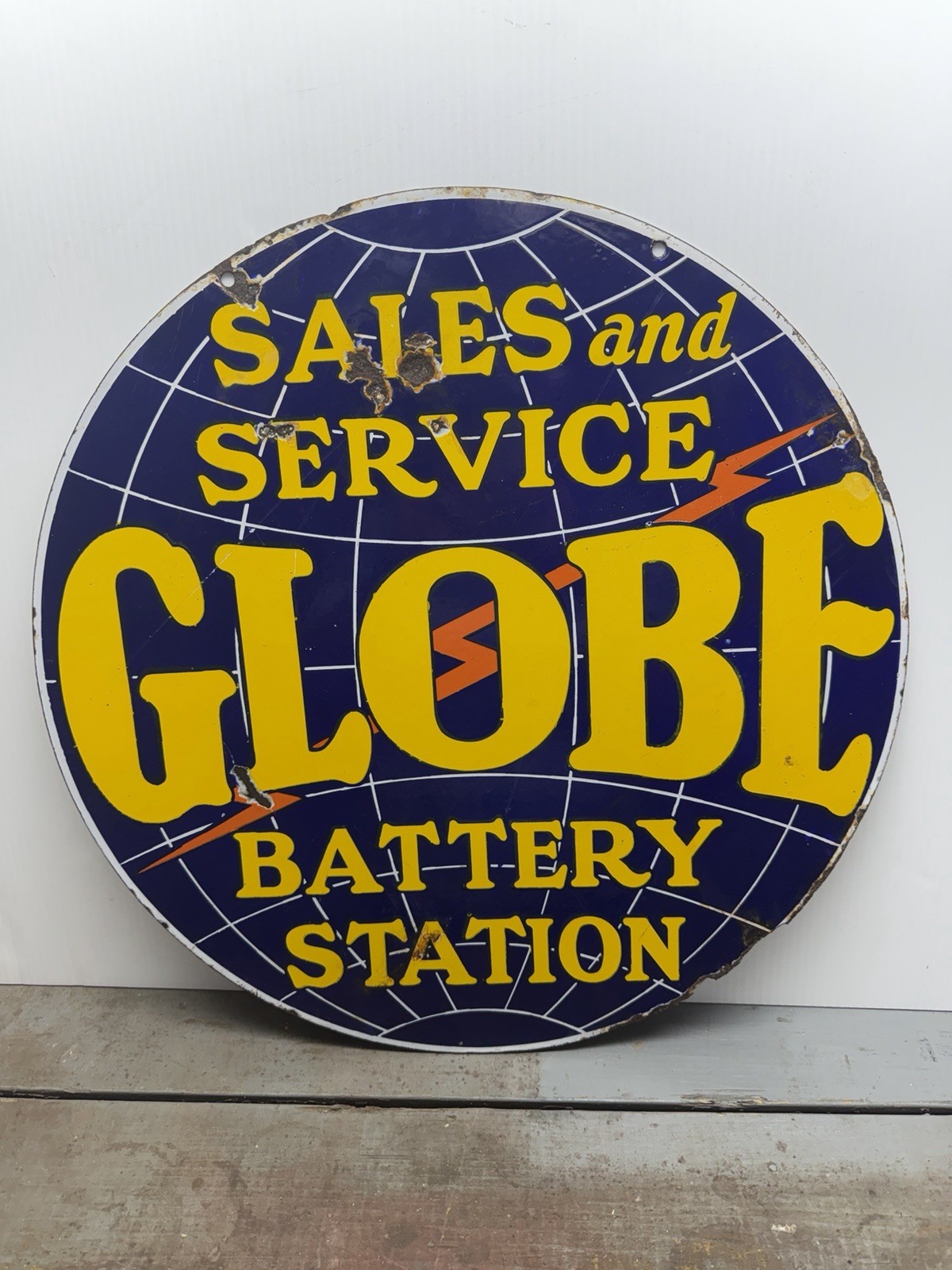 Vintage GLOBE BATTERY SALES SERVICE Porcelain Sign Original Rare 2 Sided 20” Vintage GLOBE BATTERY SALES SERVICE Porcelain Sign Original Rare 2 Sided 20”