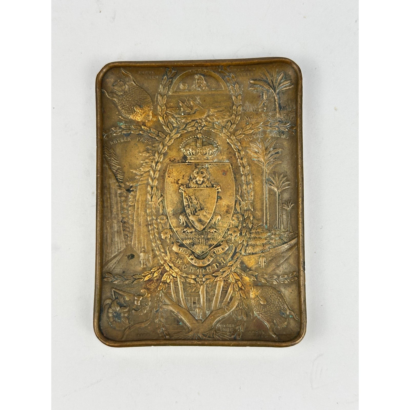 Vintage Bermuda Embosed Brass Tone Souvenir Trinket Dish