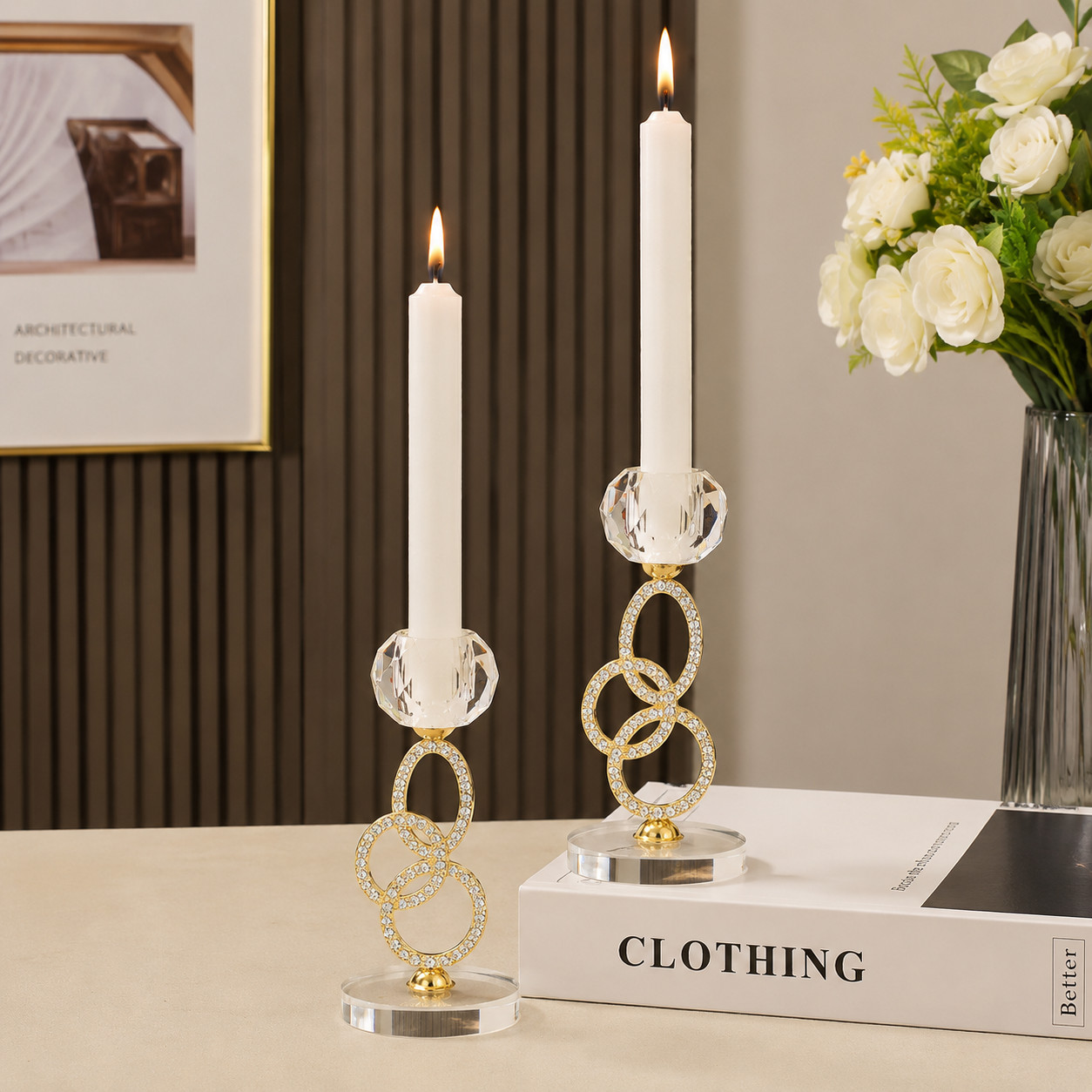 2PC Crystal Candle Holders Gold Silver Metal Taper Candlestick Wedding Decor
