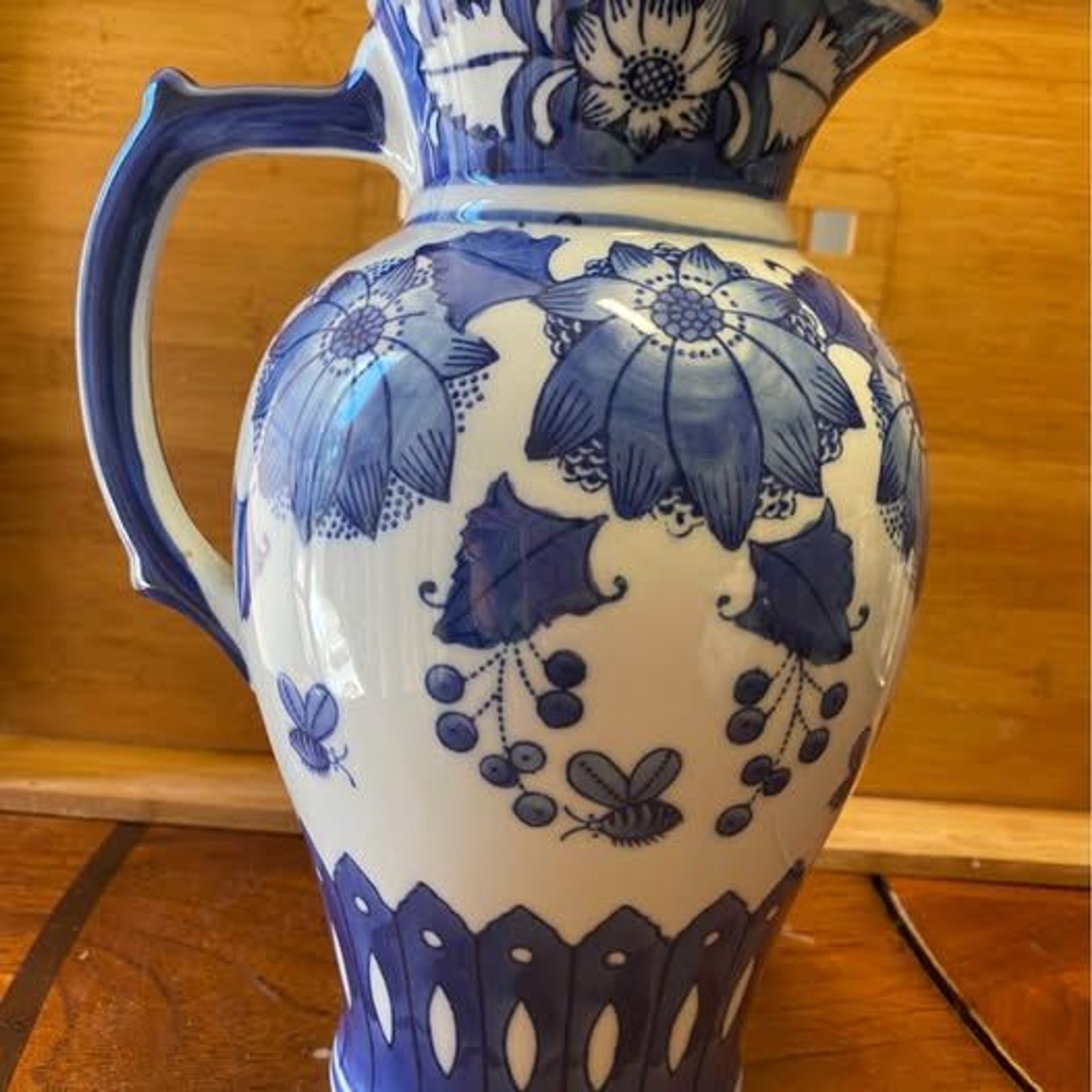 Vintage 1981 Seymour Mann China Blue Porcelain Large Pitcher Chinoiserie Floral