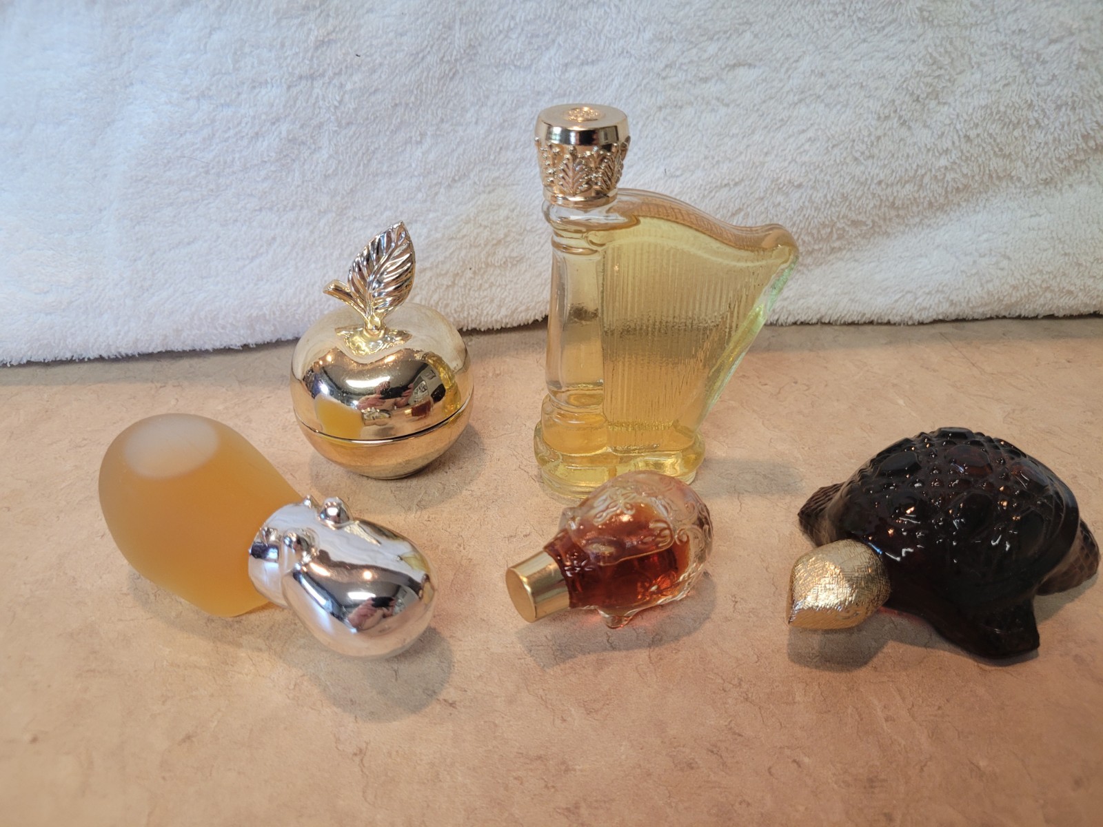 Lot Of 5 Vintage Avon Perfume Bottles - Hippo, Harp, Turtle, Piggy Lot Of 5 Vintage Avon Perfume Bottles - Hippo, Harp, Turtle, Piggy