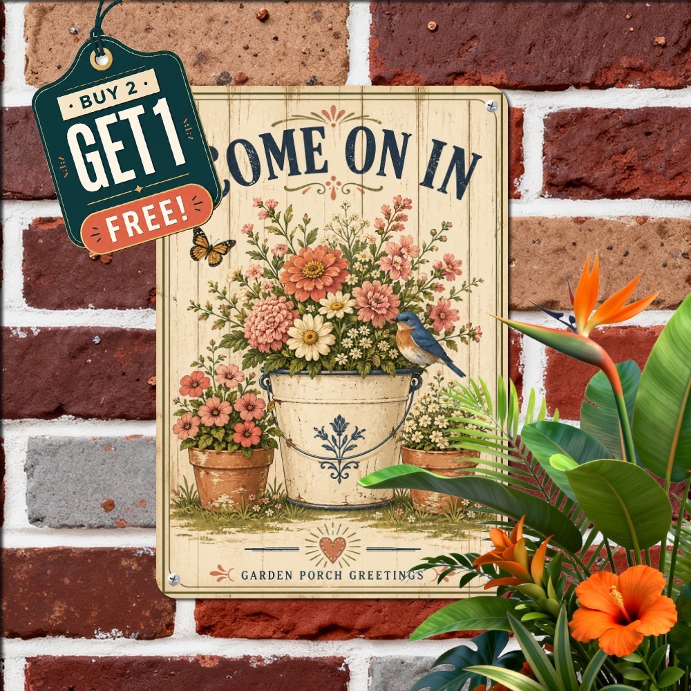 Floral Songbird Welcome Sign Rustic Cottage Garden Meadow Metal Tin Plaque