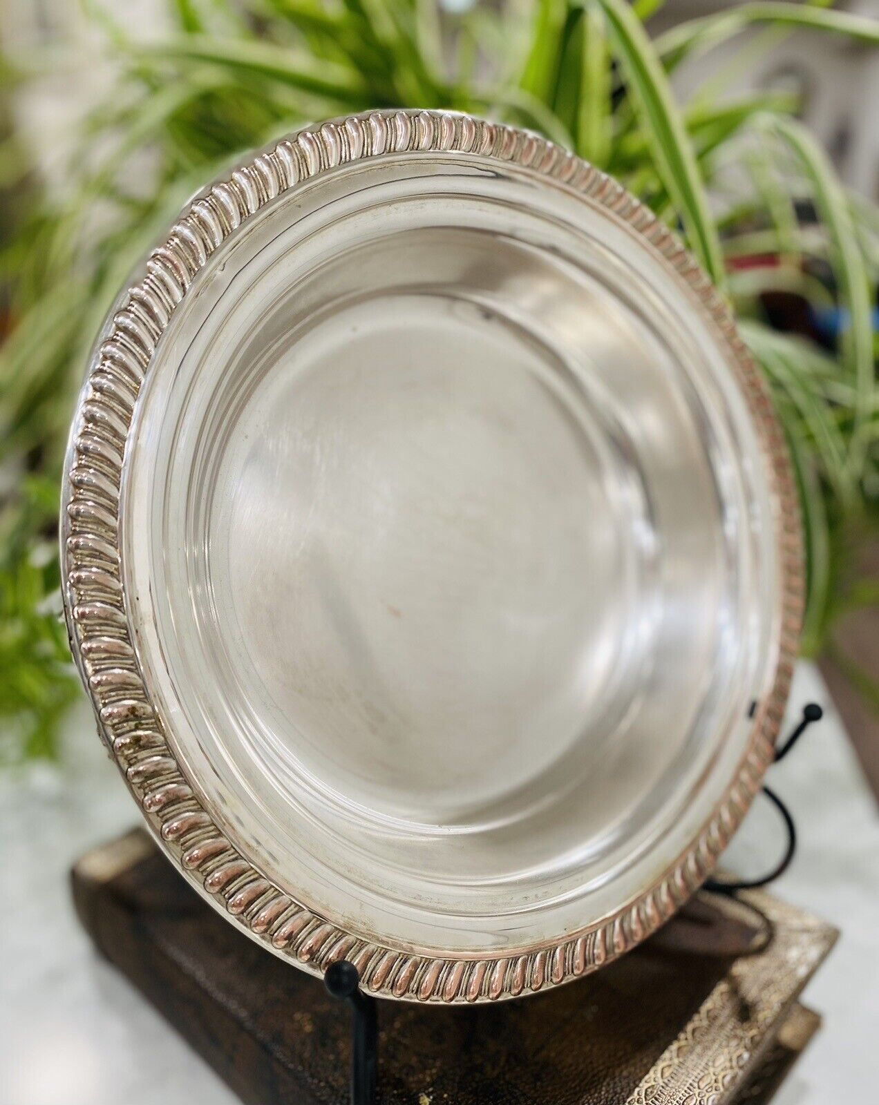 Authentic Stamped Sheridan Silver on Copper Gilded Round Serving Dish Bowl 10”