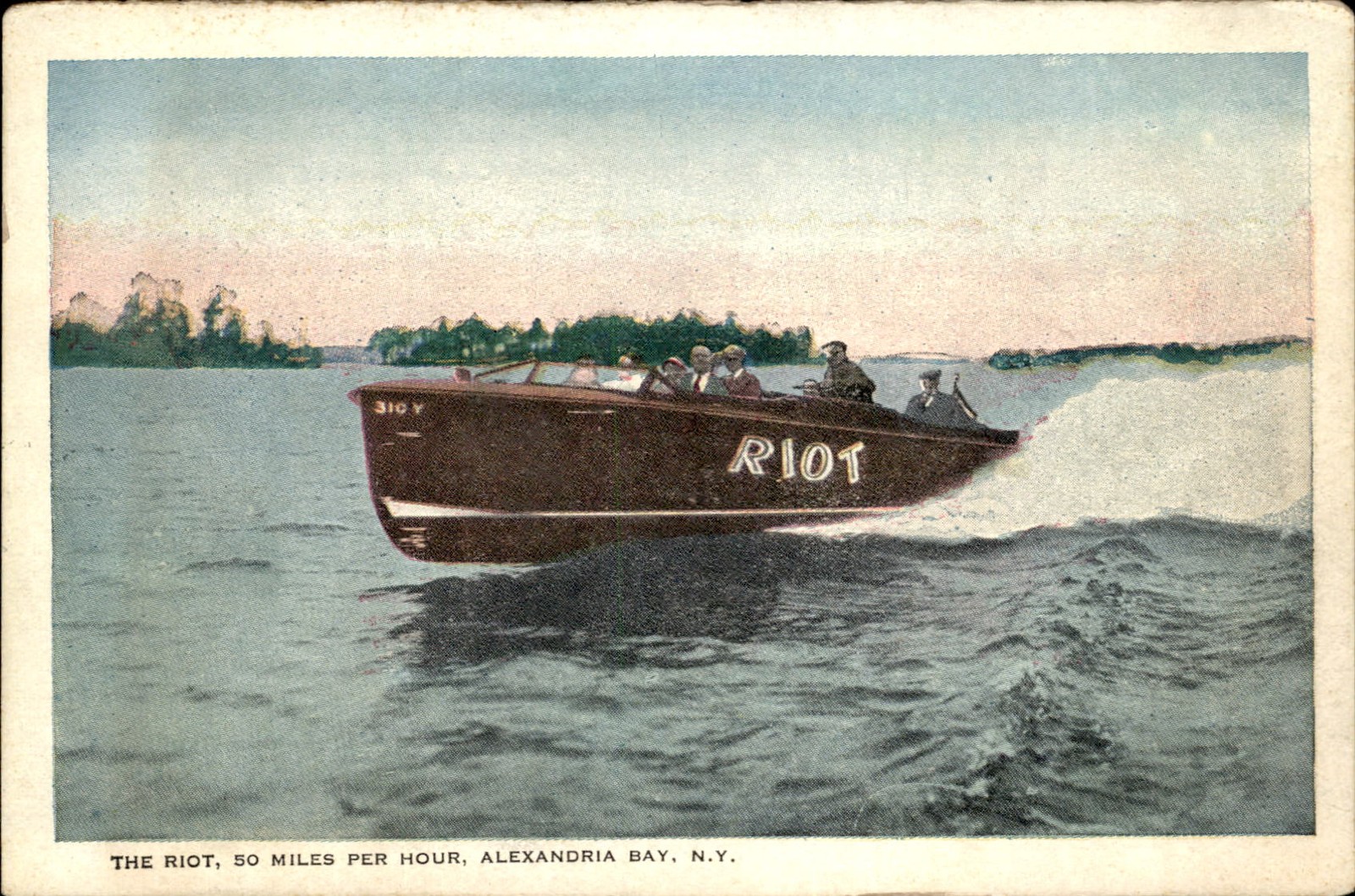Alexandria Bay NY The Riot Speed Boat Wagoner Powers Advert Vintage Postcard